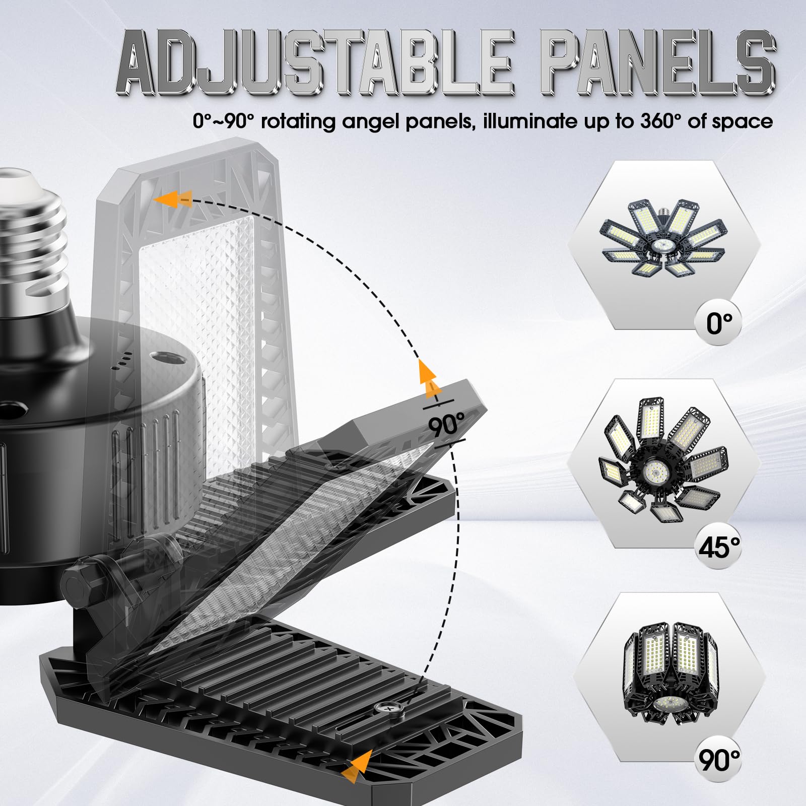 TOPAUBUB Garage Light 220W LED with 8+1 Deformable Panels, 22000LM, 6500K, Black, Model B4