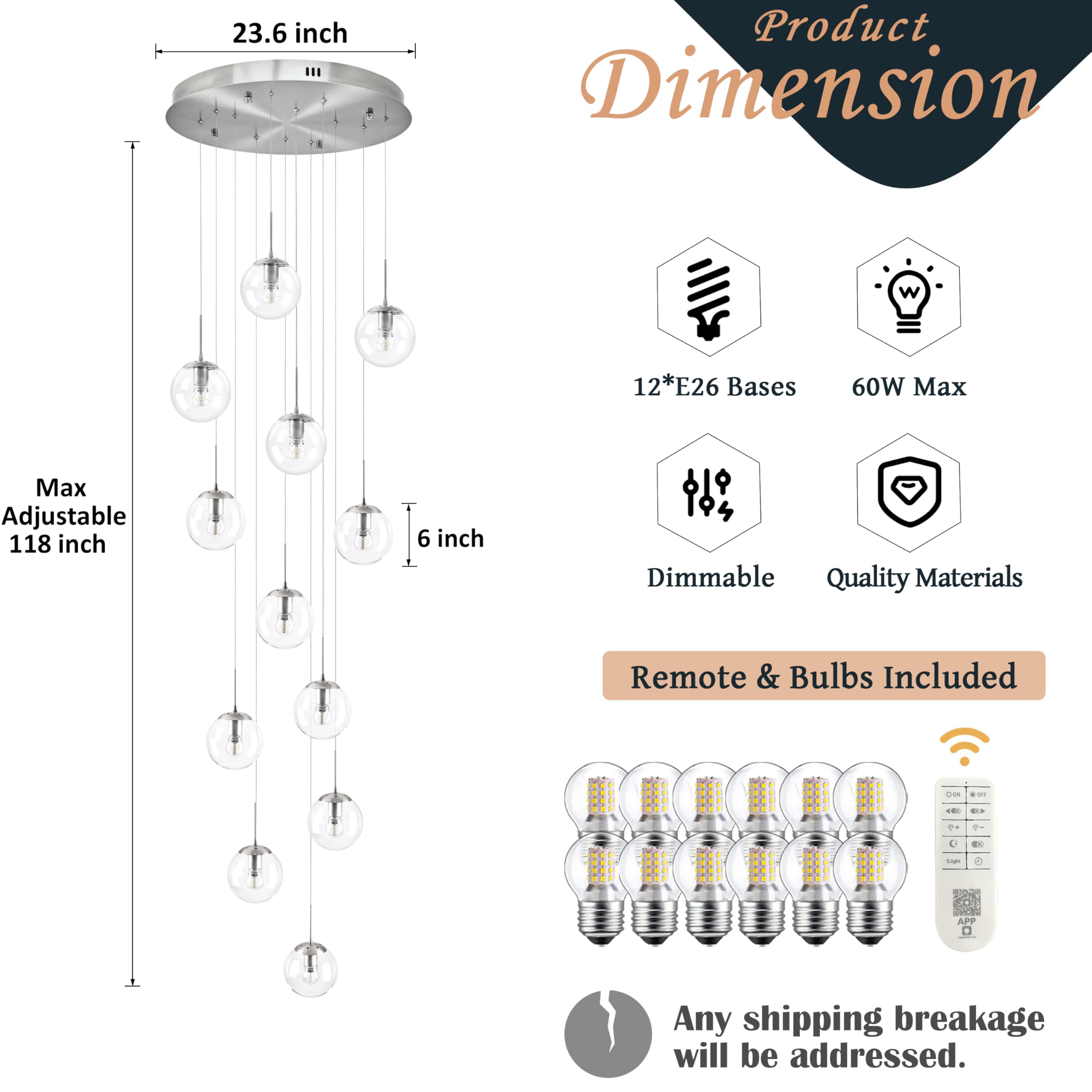 KoKo&Yukina 12-Light Mid Century Modern Chandelier, Clear Globe Glass, Nickel, D23.6", Model LT01-QN-12, Ideal for Living Room & Entryway