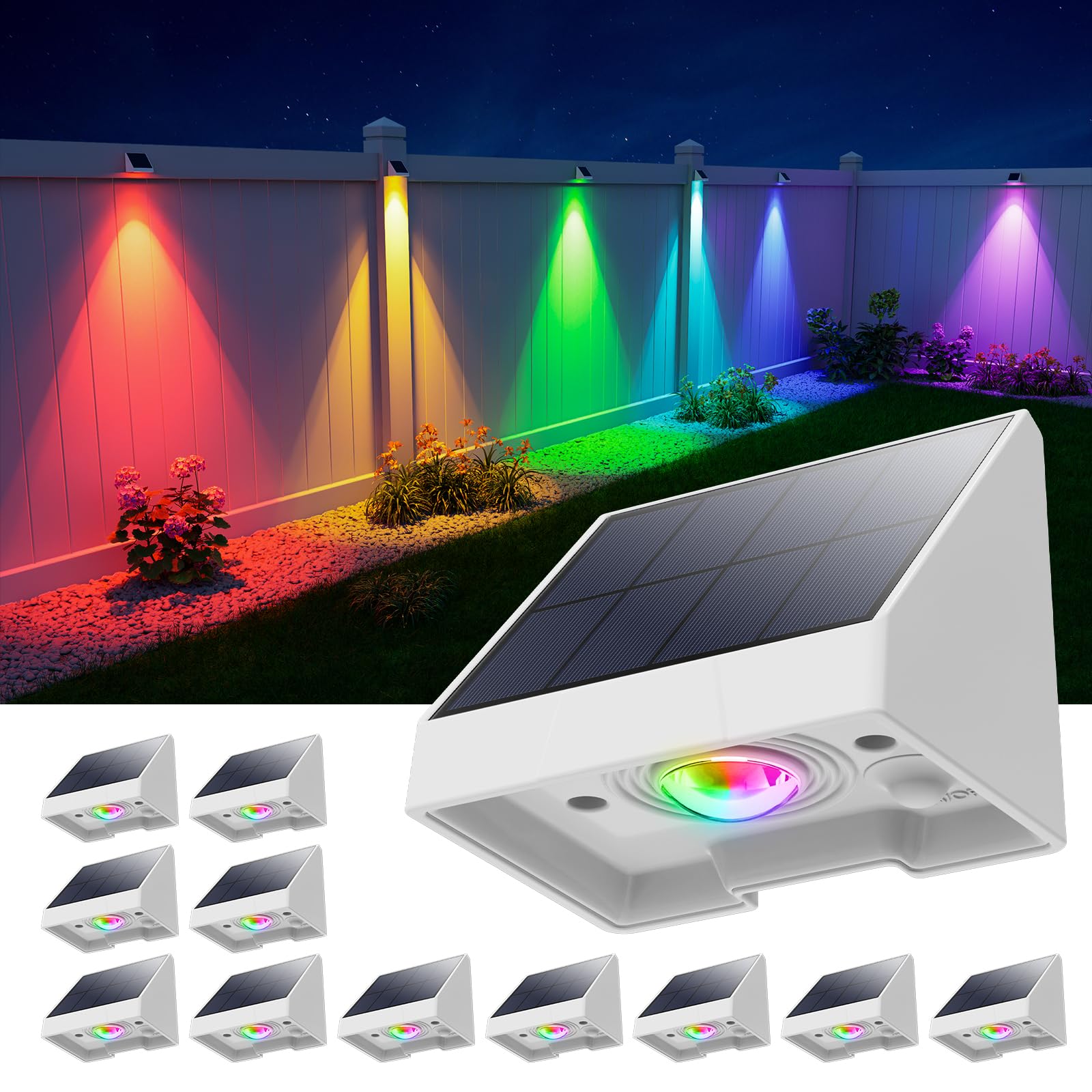 12 Pack Color Changing Solar Powered Fence Lights Outdoor Decorative LED Waterproof Yard Lighting for Outside Wall, Deck, House 