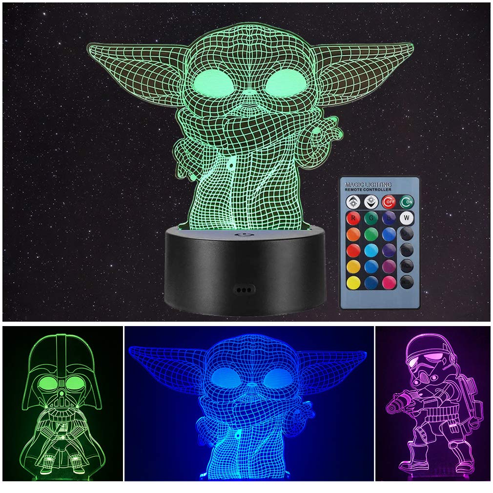 Manco 3D Illusion Star Wars Night Light - 16 Color Change Lamp, Baby Yoda/Darth Vader/Stormtrooper, Multicolors, Abs Material