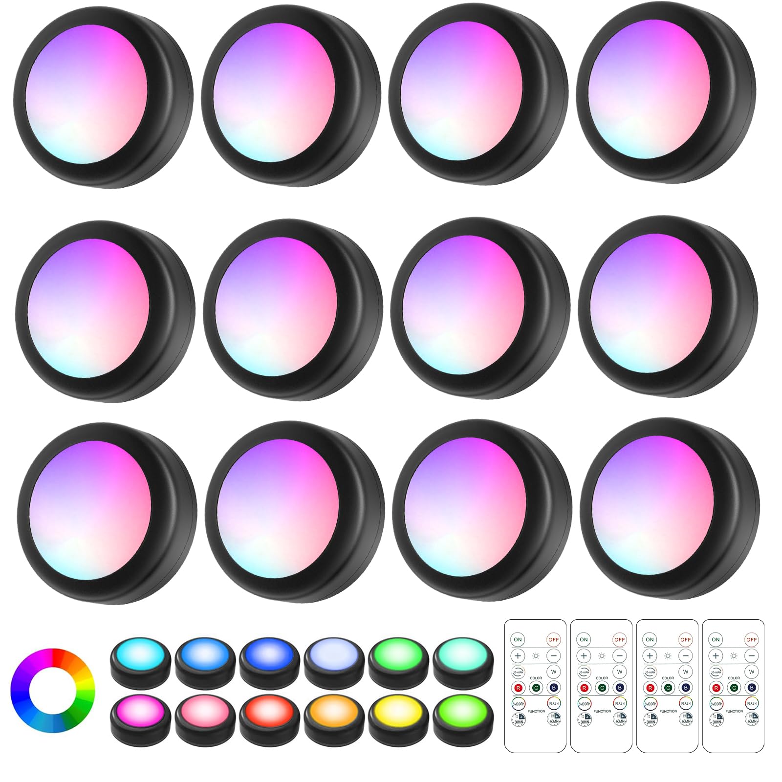 Lilampts LED Puck Lights, Wireless Under Cabinet Lighting, Color Changing, Dimmer, Timer, 12 Pack, Black