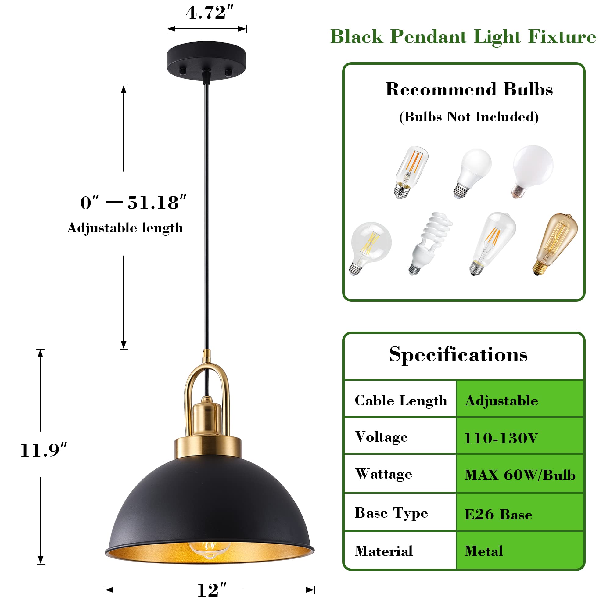 Febeleven Matte Black Farmhouse Pendant Light, Adjustable Height, Vintage Hanging Industrial Ceiling Lights Fixture For Kitchen