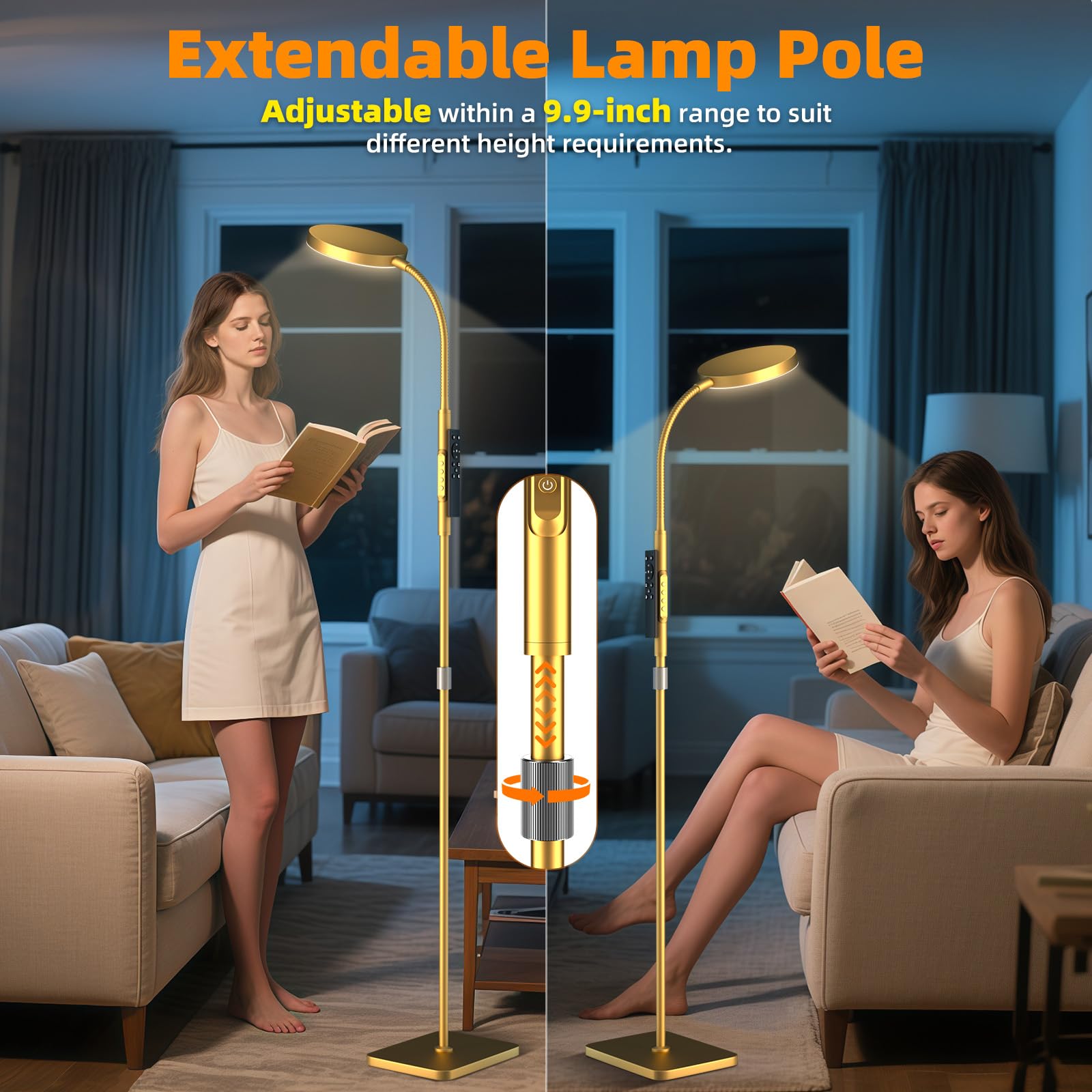 PACOVY Adjustable Height Floor Lamp, 120 LED Dimmable Gooseneck, Metal, 1 Pack, Gold, Model ADJ-01