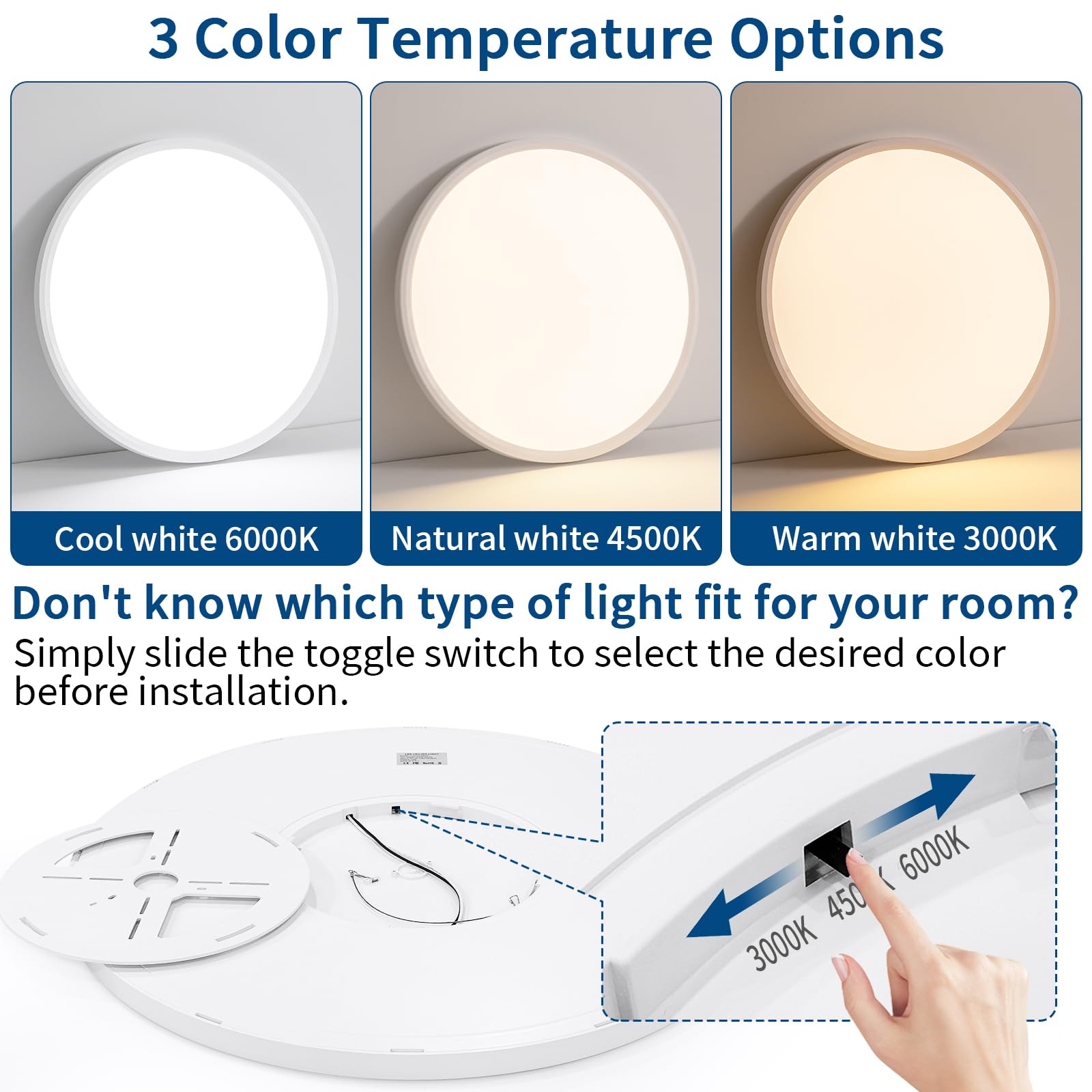 Glowall Modern 24'' Led Ceiling Light Fixture, Ultra Thin Flush Mount, Dimmable & 3000K/4500K/6000K Selectable, 48W 6000Lm, Whit