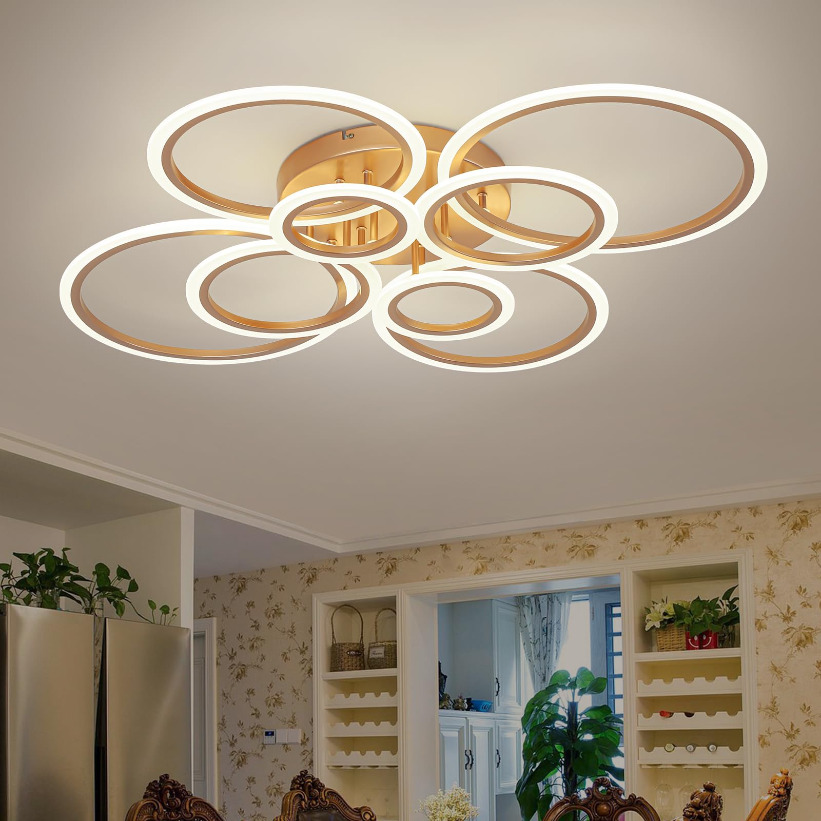 Vikaey Modern Ceiling Light, 8 Rings Led Flush Mount Ceiling Light, Gold Ceiling Lighting Fixtures, Close To Ceiling Lamp For Living Room, Dining Room, Bedroom, Kitchen, 4000K Not Dimmable