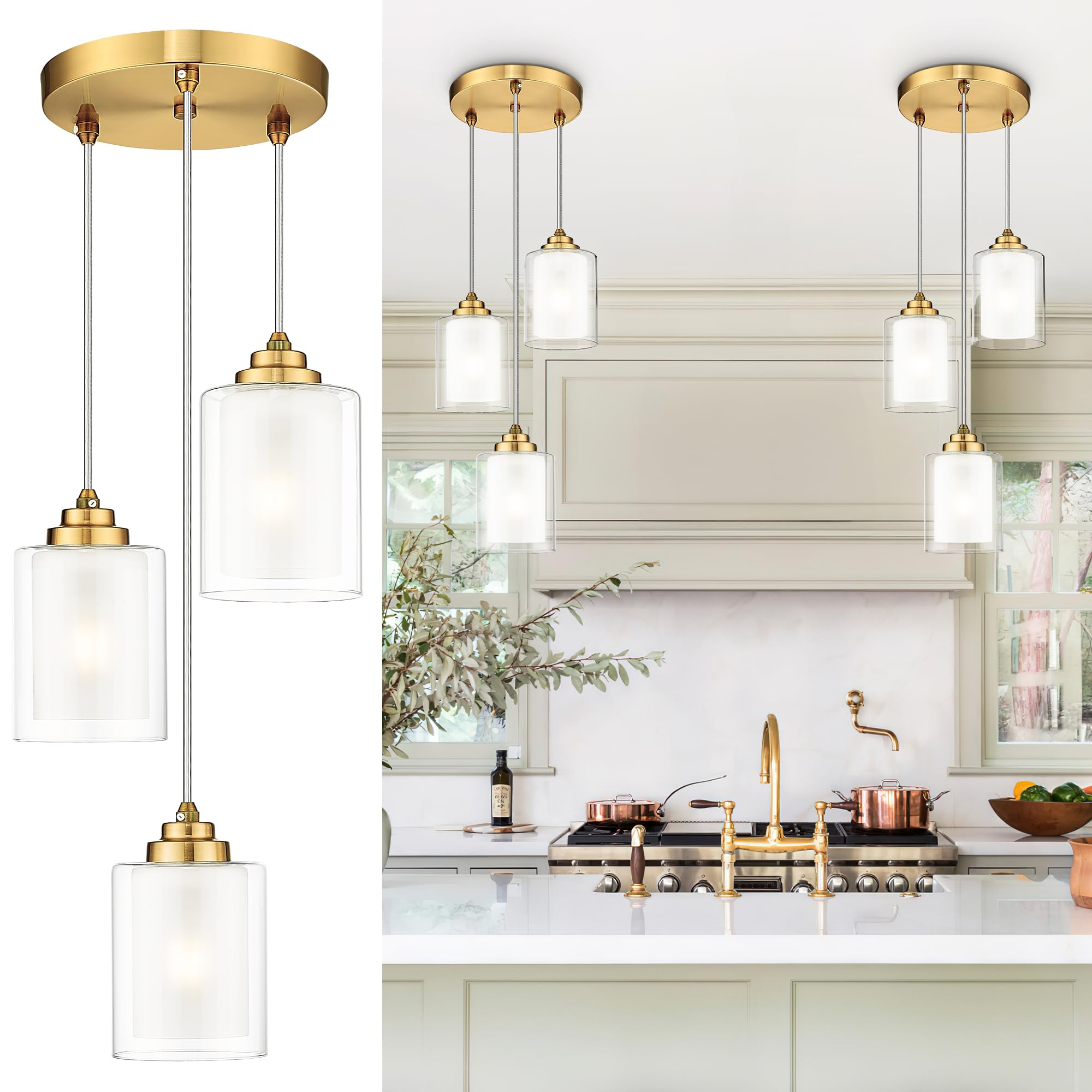 TENGXIN 3 Light Pendant Light,Brushed Gold Modern Pendant Light for Kitchen Island,Dual Glass Shade,Farmhouse Pendant Lighting f