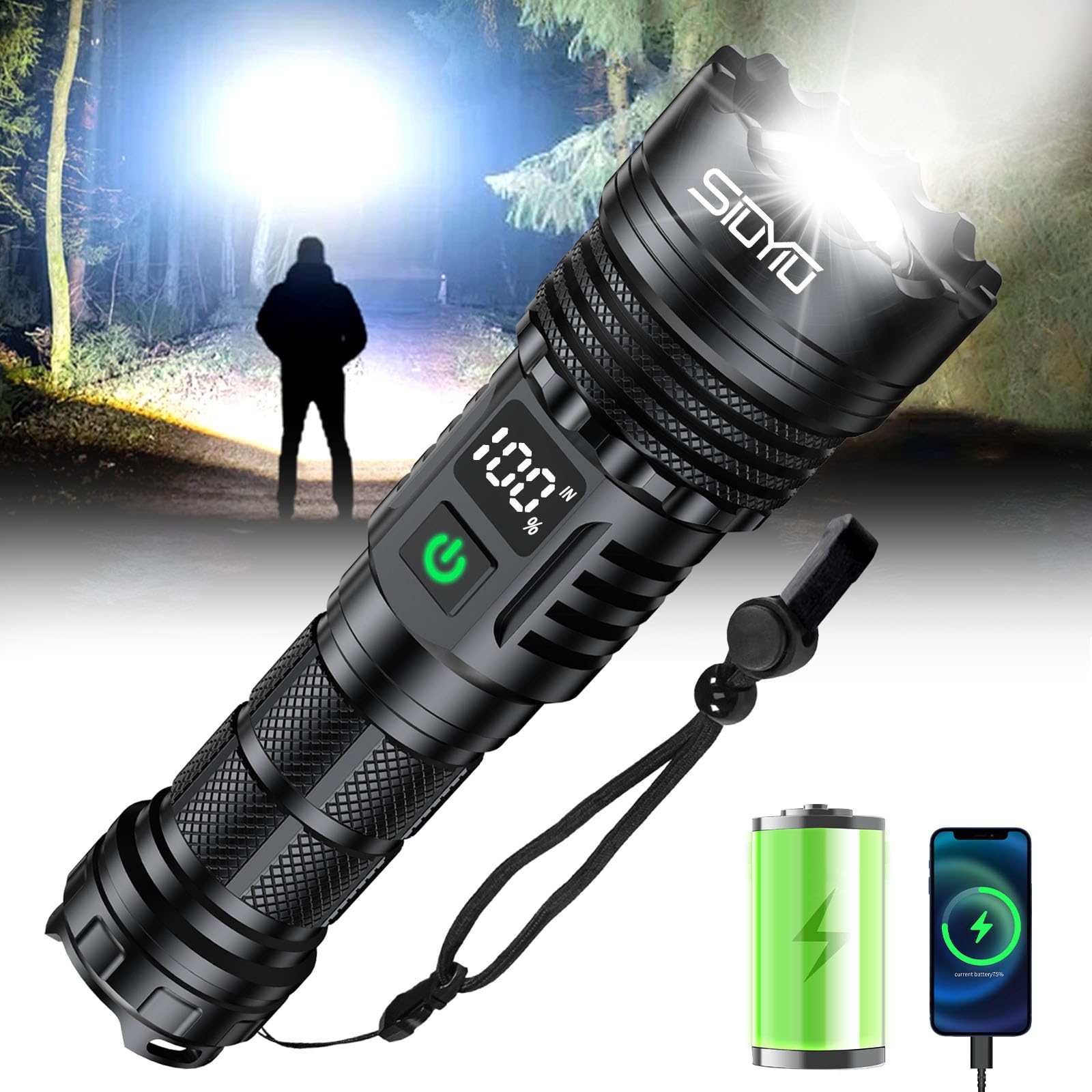 Flashlights High Lumens, Tactical Flashlight Super Bright, Usb-C Rechargeable With Battery Display, 5 Modes & Adjustable Focus,