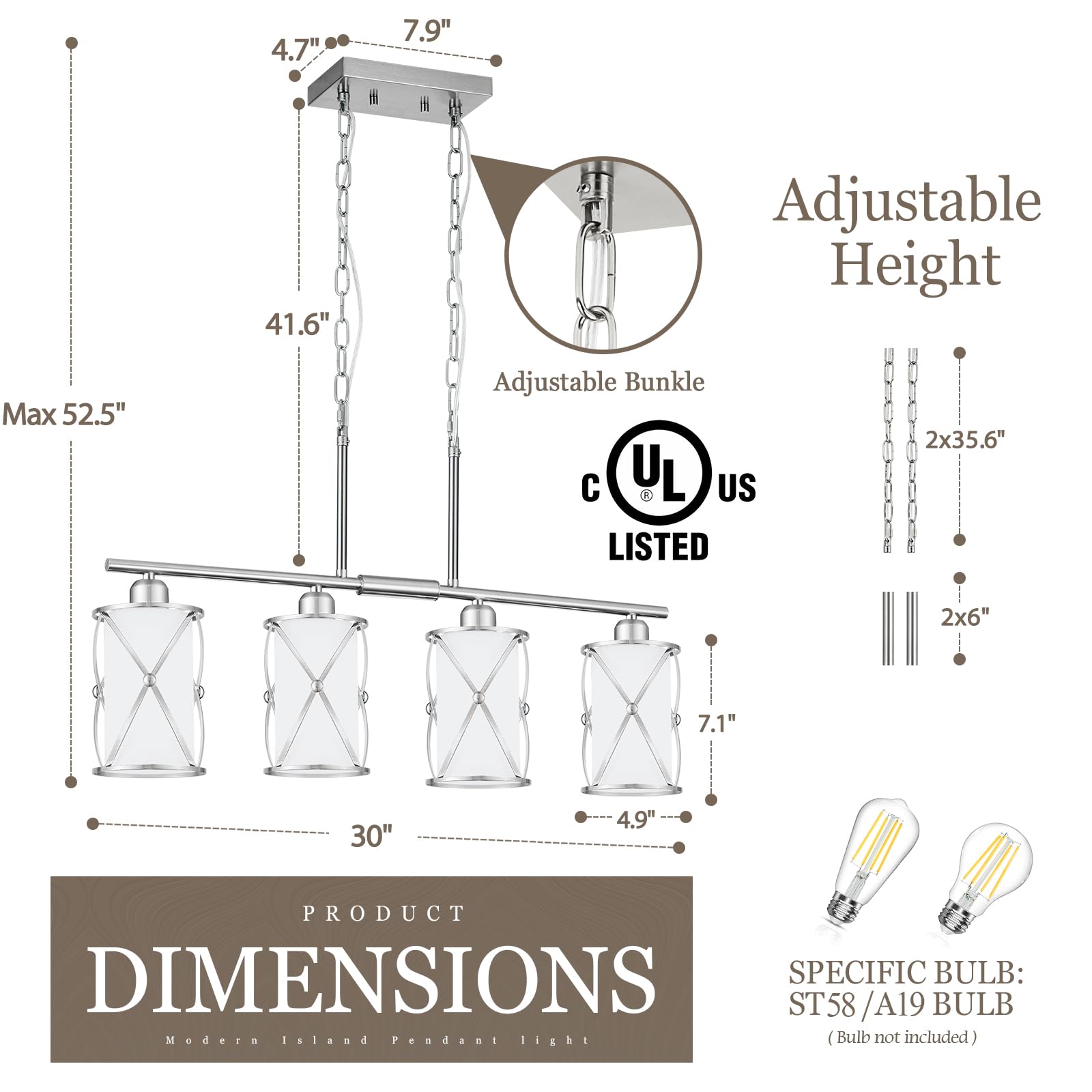 Osimir 4-Light Linear Kitchen Island Pendant Light, Brushed Nickel with Milk Glass, Model CH9176BNW-4IS