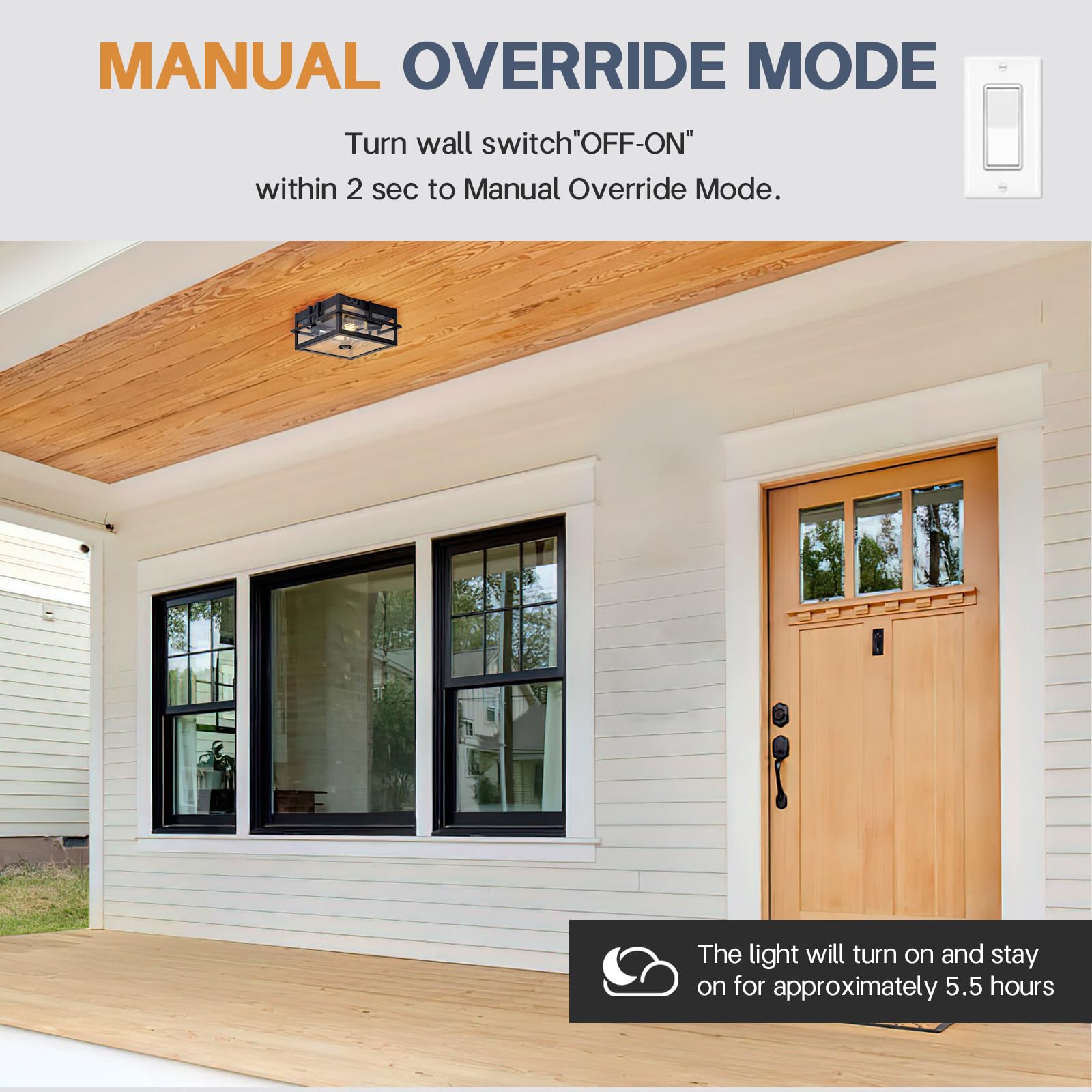 Vexagyle Upgraded Motion Sensor Outdoor Ceiling Light, Dusk to Dawn 2-Light Flush Mount, Black with Clear Glass for Porch, Garage, Patio