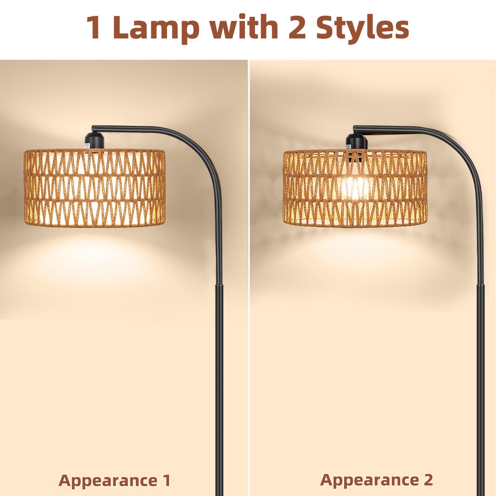 Brilvibera Rattan Floor Lamps For Living Room, Boho Standing Lamps With Rattan& Linen Double Shades, Arc Lamps Floor Standing With 9W Bulb, Foot Switch, Bohemian Floor Lamps For Bedroom, Office