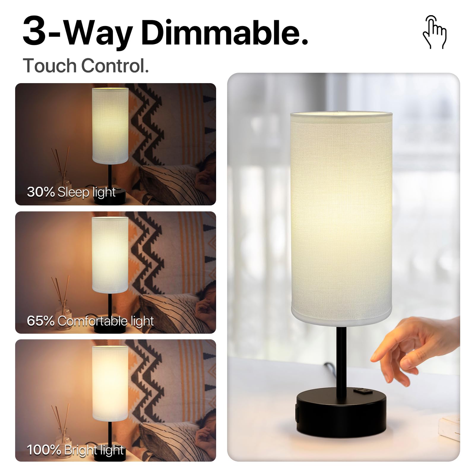 Kpq Small Bedside Lamp Touch Control Table Lamp With Usb A+C Charging Ports & Ac Outlet 3-Way Dimmable Nightstand Lamp With Line