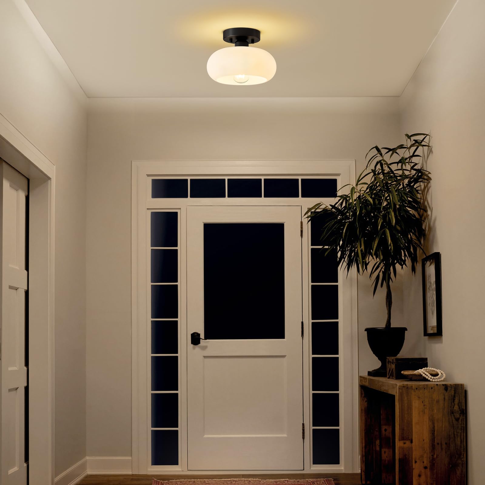 Woknos Mid-Century Modern Semi Flush Mount Ceiling Light, Metal Kitchen Light Fixture With Glass Shade,Vintage White And Black C