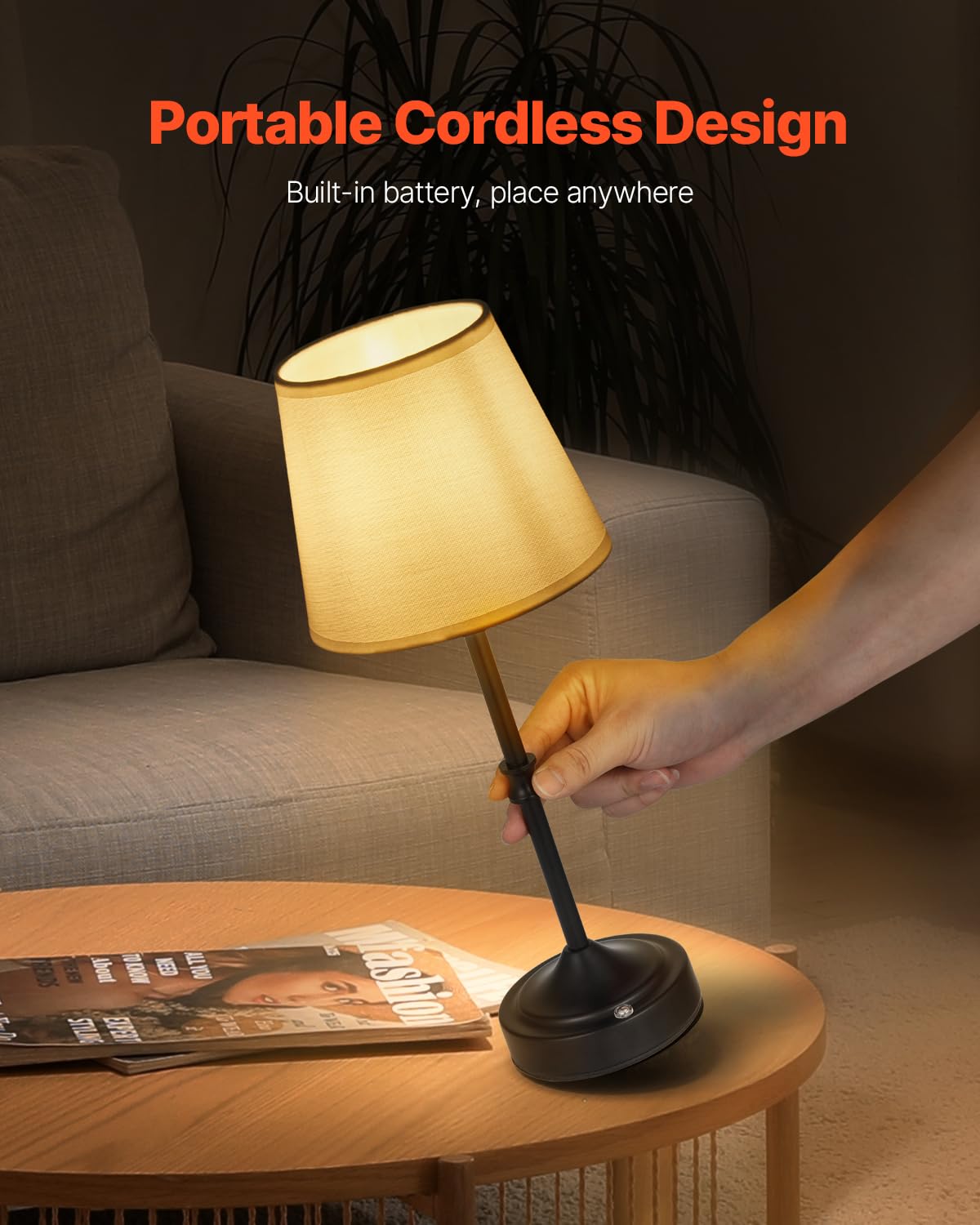 VEVOR Cordless Table Lamp, 5200mAh Battery, 3-Level Brightness, Fabric Shade, Black, Model T50