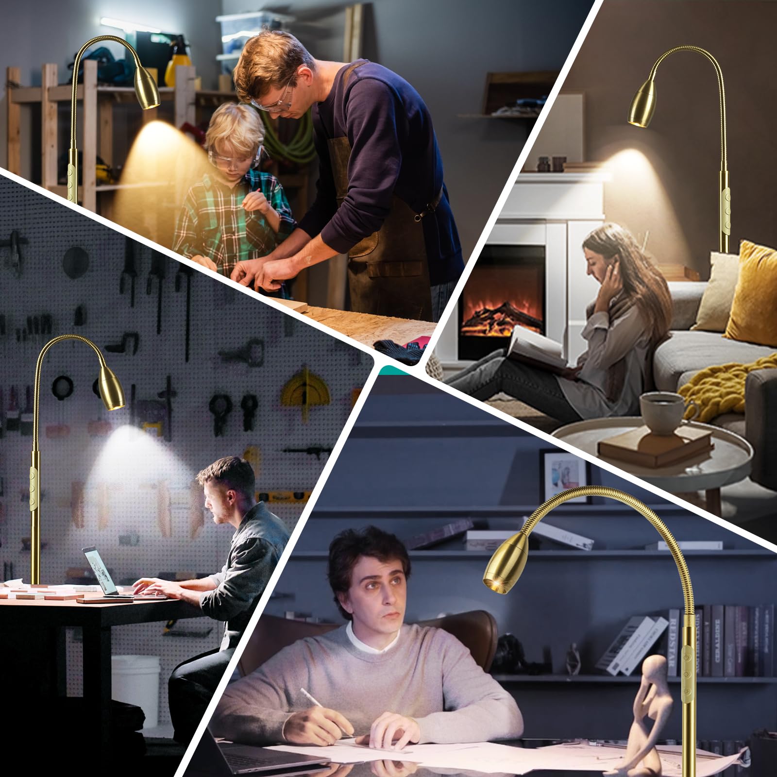 AUZONIMICS Reading Floor Lamp - 72" Tall LED, Flexible Gooseneck, Dimmable, Light Gold, Model FLL-007-F2-GD