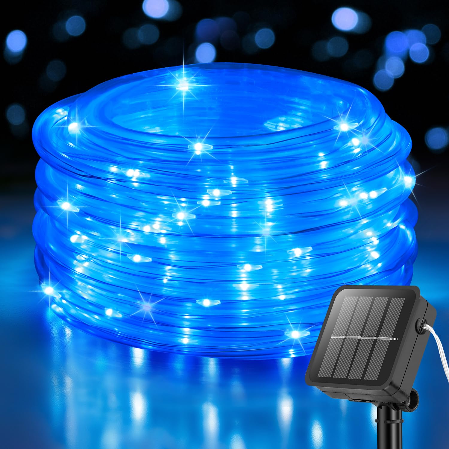 ANJAYLIA Solar Rope Lights, 33FT, 100 LED, Waterproof, 8 Modes, Blue, Model BLUEQZD100