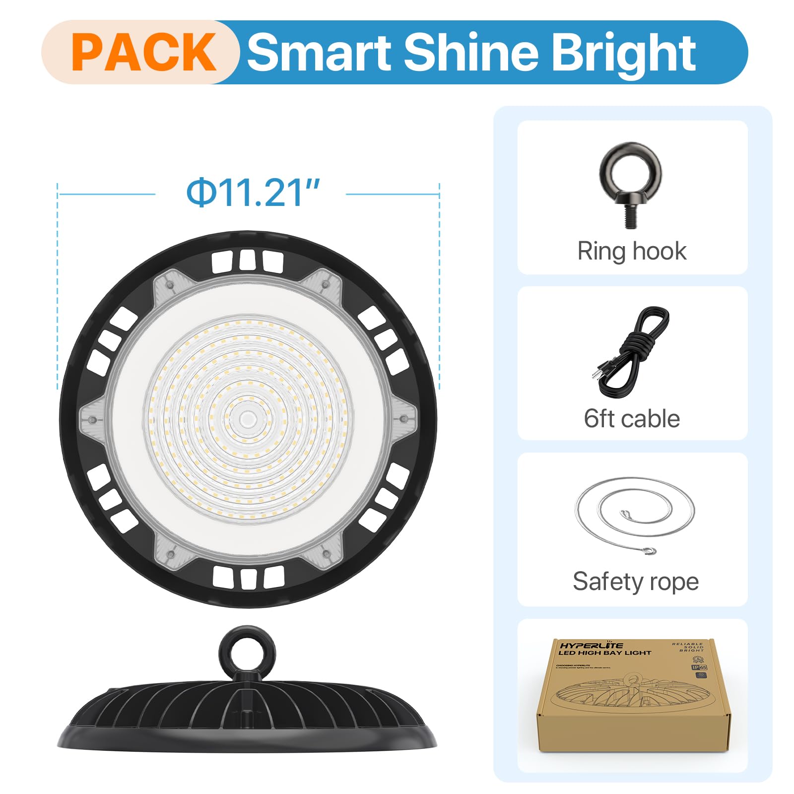 HYPERLITE 150W High Bay LED Shop Lights - 10-Pack UFO, UL-Listed, Black Aluminum for Warehouse, Barn, Factory, Supermarket Lighting