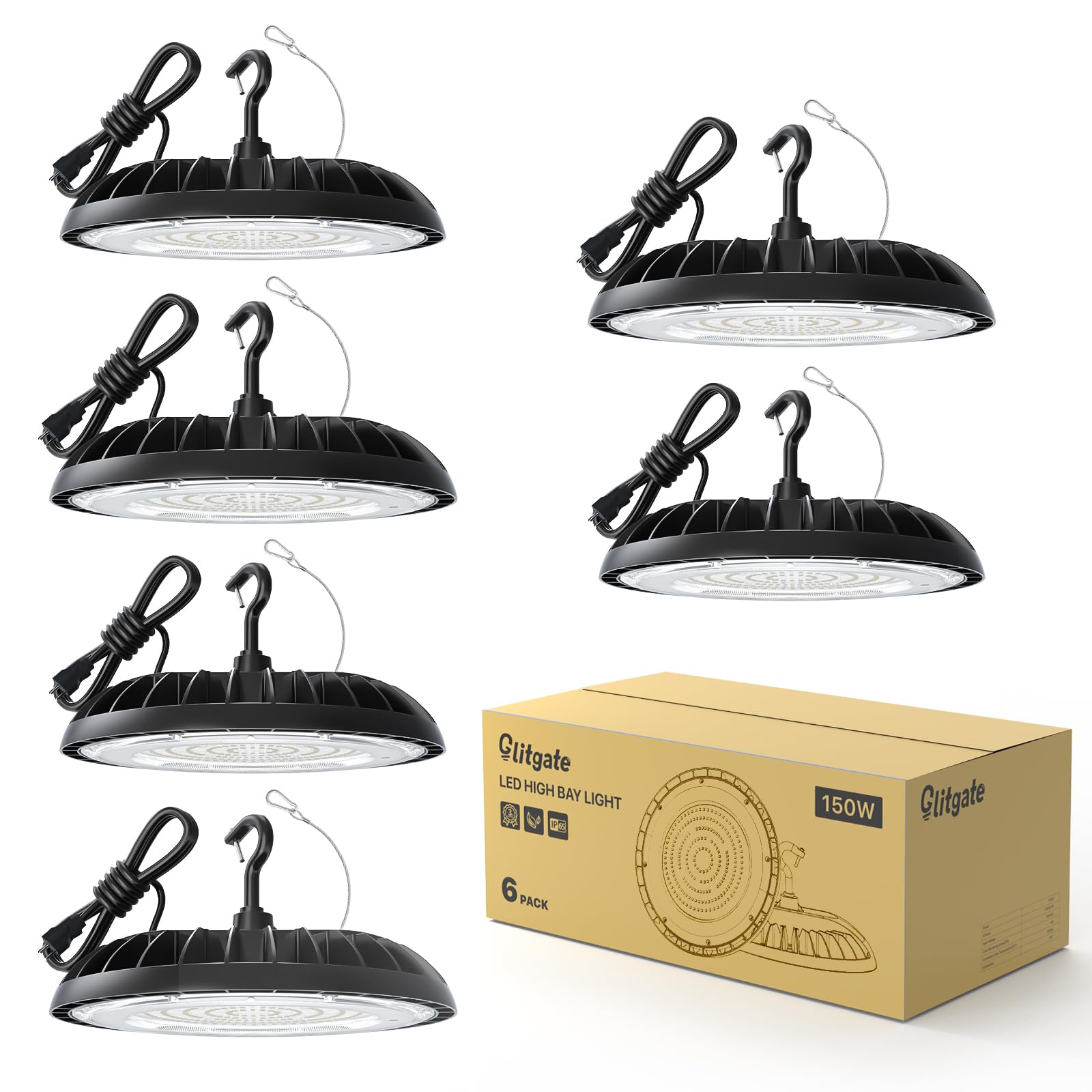 Glitgate Led High Bay Light 150W, 21000Lm 5000K Ufo Lights(600W Mh/Hps Equiv.),Commercial Bay Lighting With 5Ft Cable Us Plug For Garage Shop Barn Warehouse, 6 Pack
