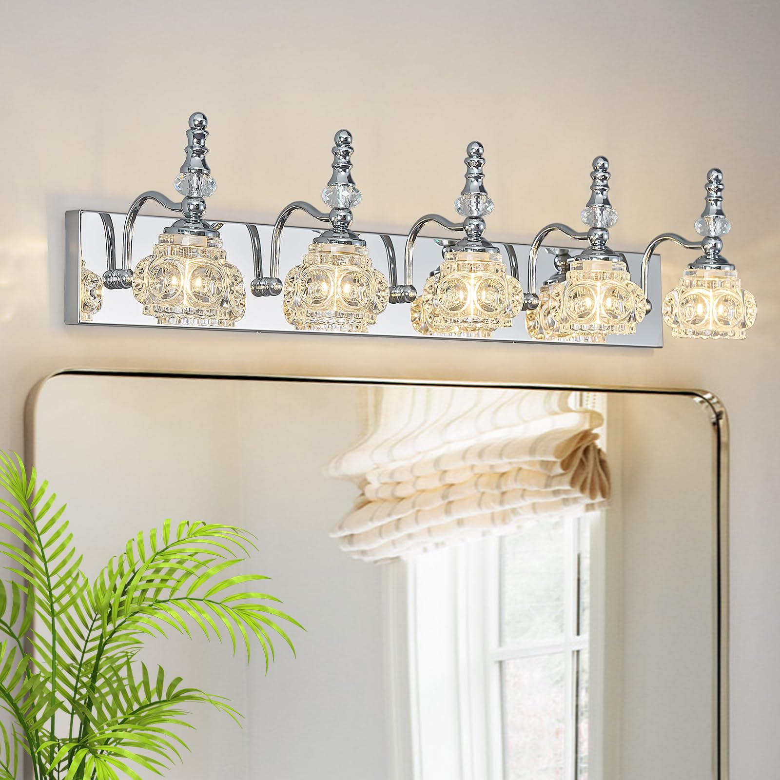 Lbsqj Modern Glass Crystal Vanity Light - Vintage Bathroom Lighting Fixtures Over Mirror  5 Light Vanity Lights  G9 Bulb (35.43 Inch  Chrome)