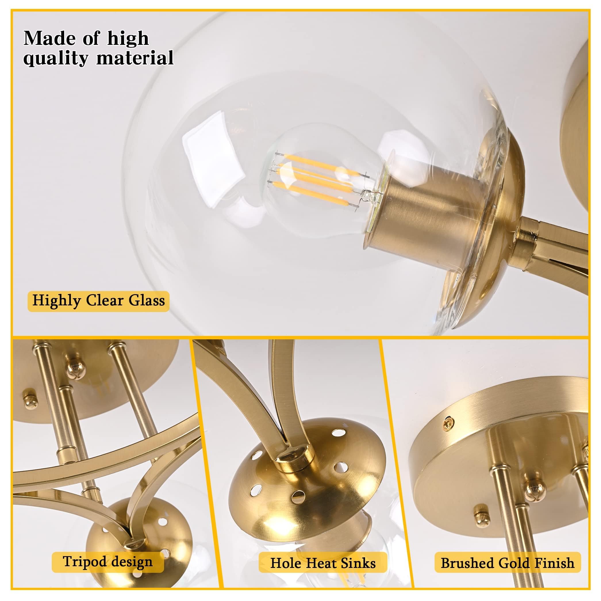 Bagood Mid Century Modern Ceiling Light Clear Globe Semi Flush Mount Ceiling Light Gold Sputnik Light Fixture Chandeliers Clear Glass Brushed Brass Chandeliers Living Room Dining Room Bedroom 3 Lights