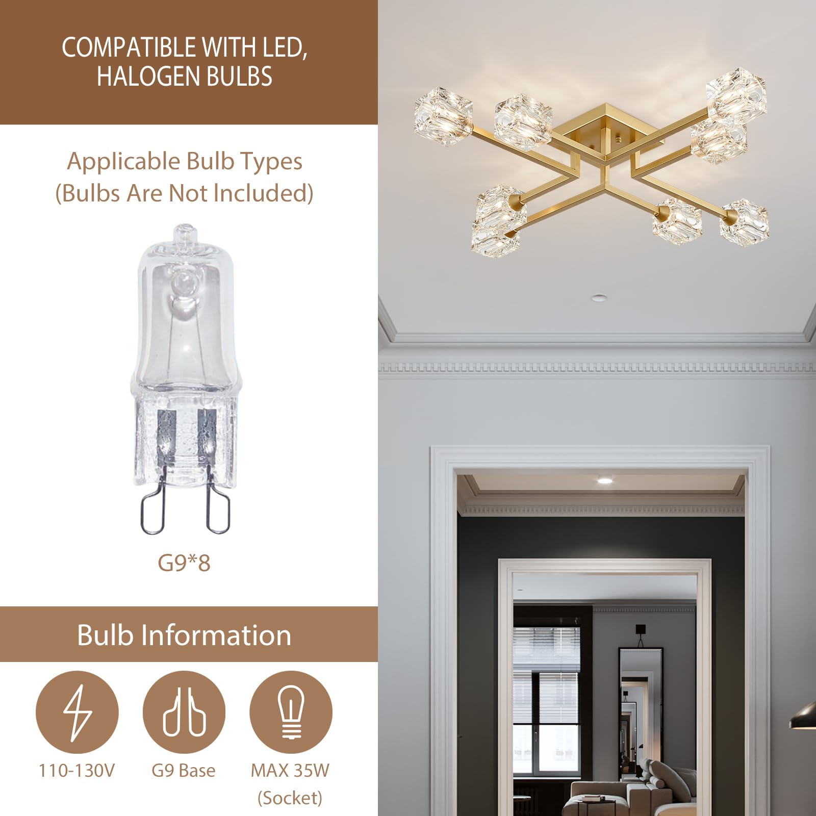 Peskoe 8-Light Gold Sputnik Chandelier Semi Flush Mount Ceiling Light Fixture, Modern Farmhouse Chandeliers For Dining Room Bedr