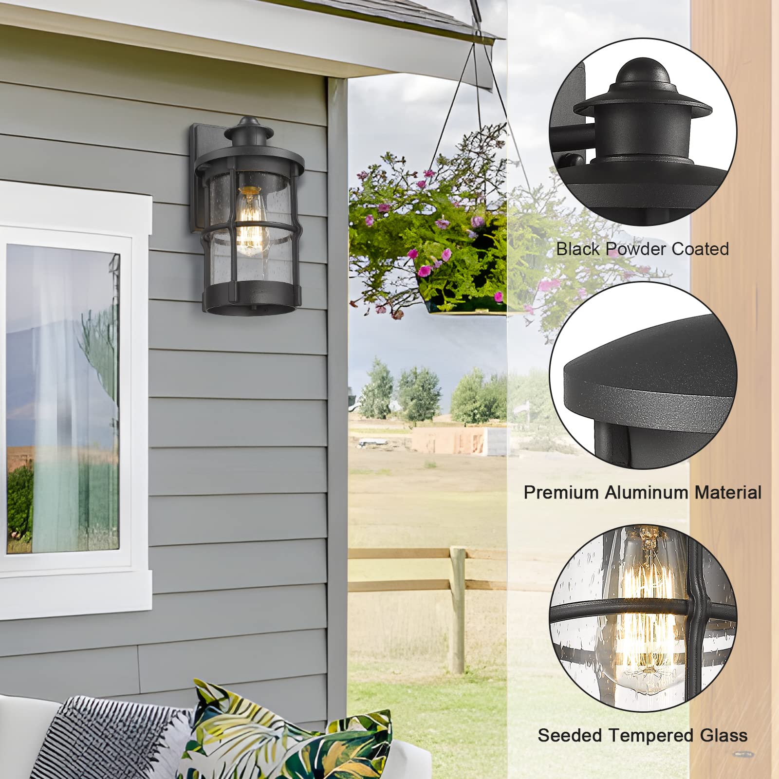 Rosient Outdoor Wall Sconces - Exterior Wall Mount Lighting Fixture In Black Finish With Seeded Glass (2 Pack)