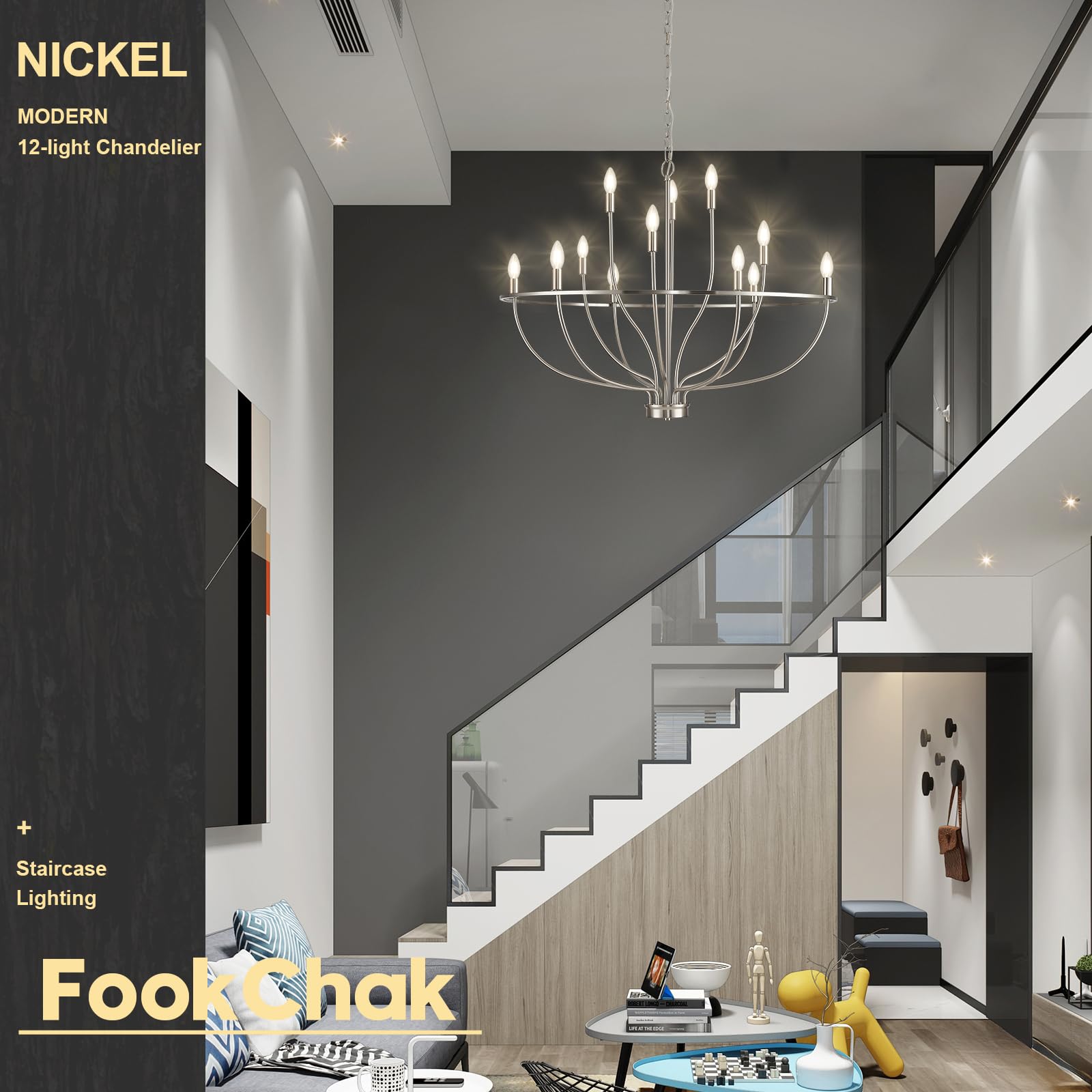 FookChak 12-Light Brushed Nickel Chandelier, 36in Metal Fixture for High Ceilings, Dining, Foyer, Kitchen