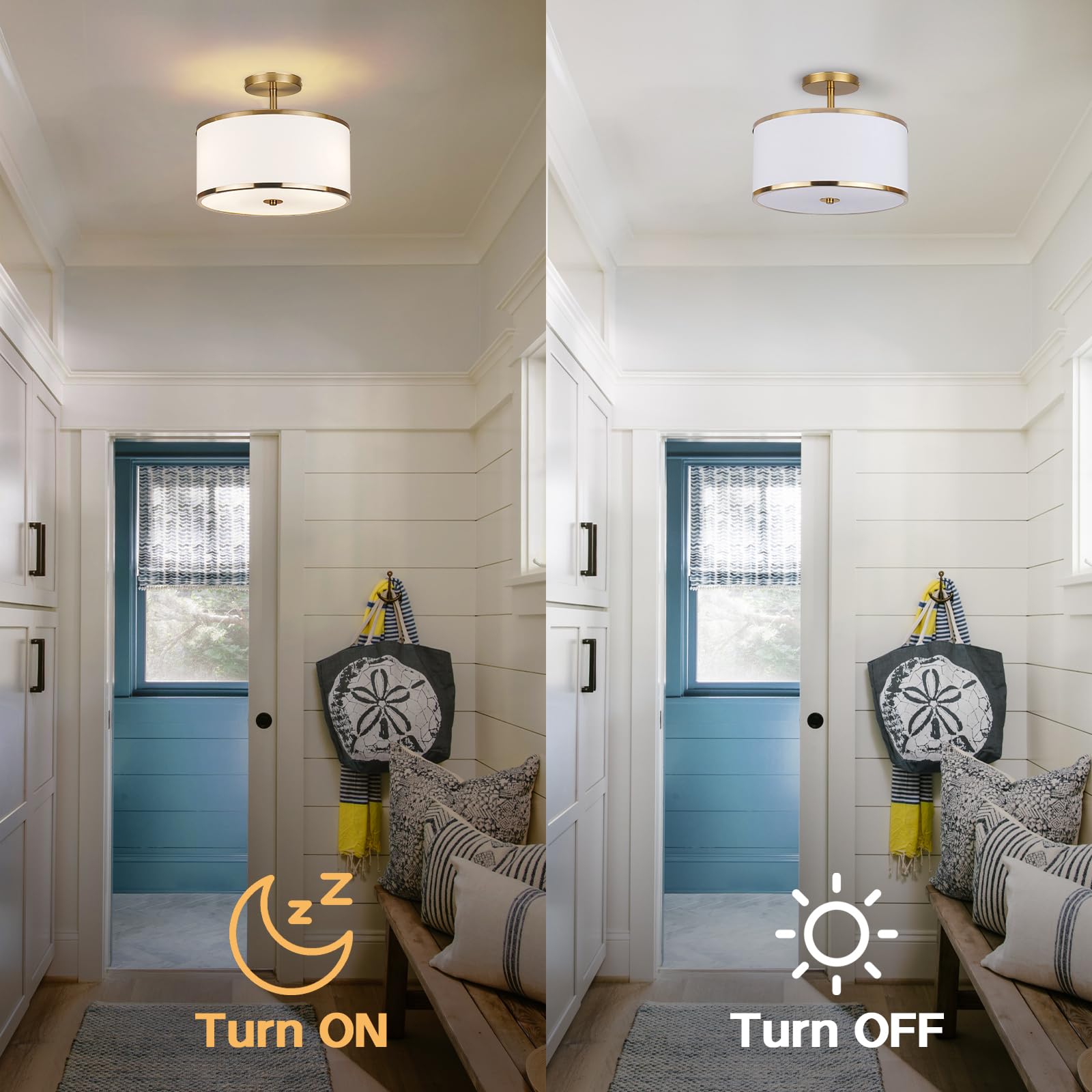 Calokes Luxury Semi Flush Mount Ceiling Light, 3-Light Drum Lamp With Gold Brass Finish And Fabric Shade, Ideal For Bedroom, Kit