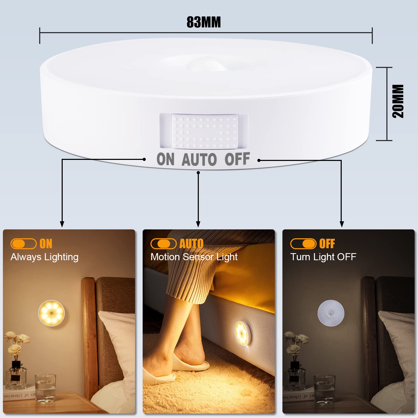 Electight 3 Pack Motion Sensor Light, 8 Leds Rechargeable Night Light, With Usb Cable & Magnetic Patch, 3 Modes, Cordless Safe Wall Light For Kitchen, Bookshelves, Drawers - 3000K Warm White