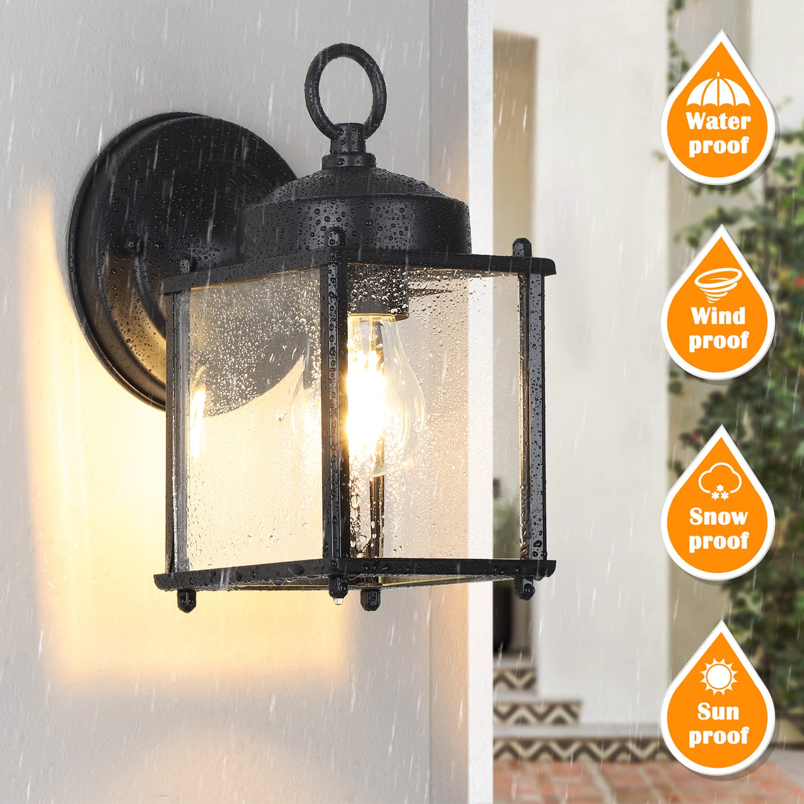 MATAMEYE Outdoor Wall Lantern 2 Pack, Waterproof Black Iron Sconce with Clear Beveled Glass Shade, 8.27 inch, Model GS8648