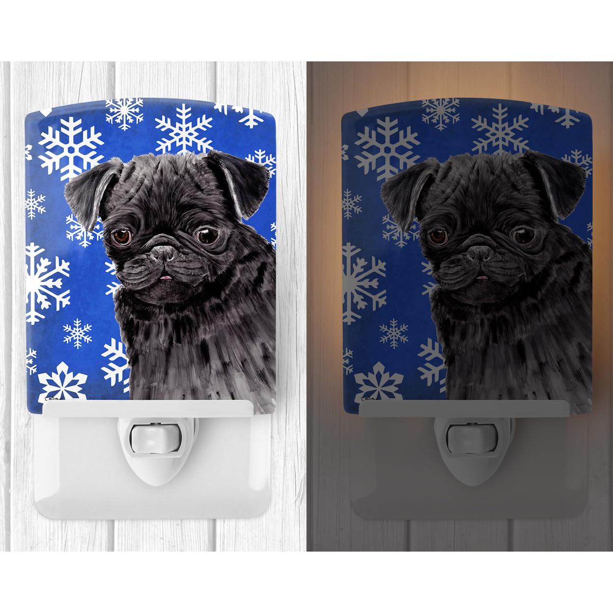 Carolines Treasures Ceramic Night Light, Pug Winter Snowflakes, UL-Certified, 6x4x3in, Multicolor, Model SC9366CNL