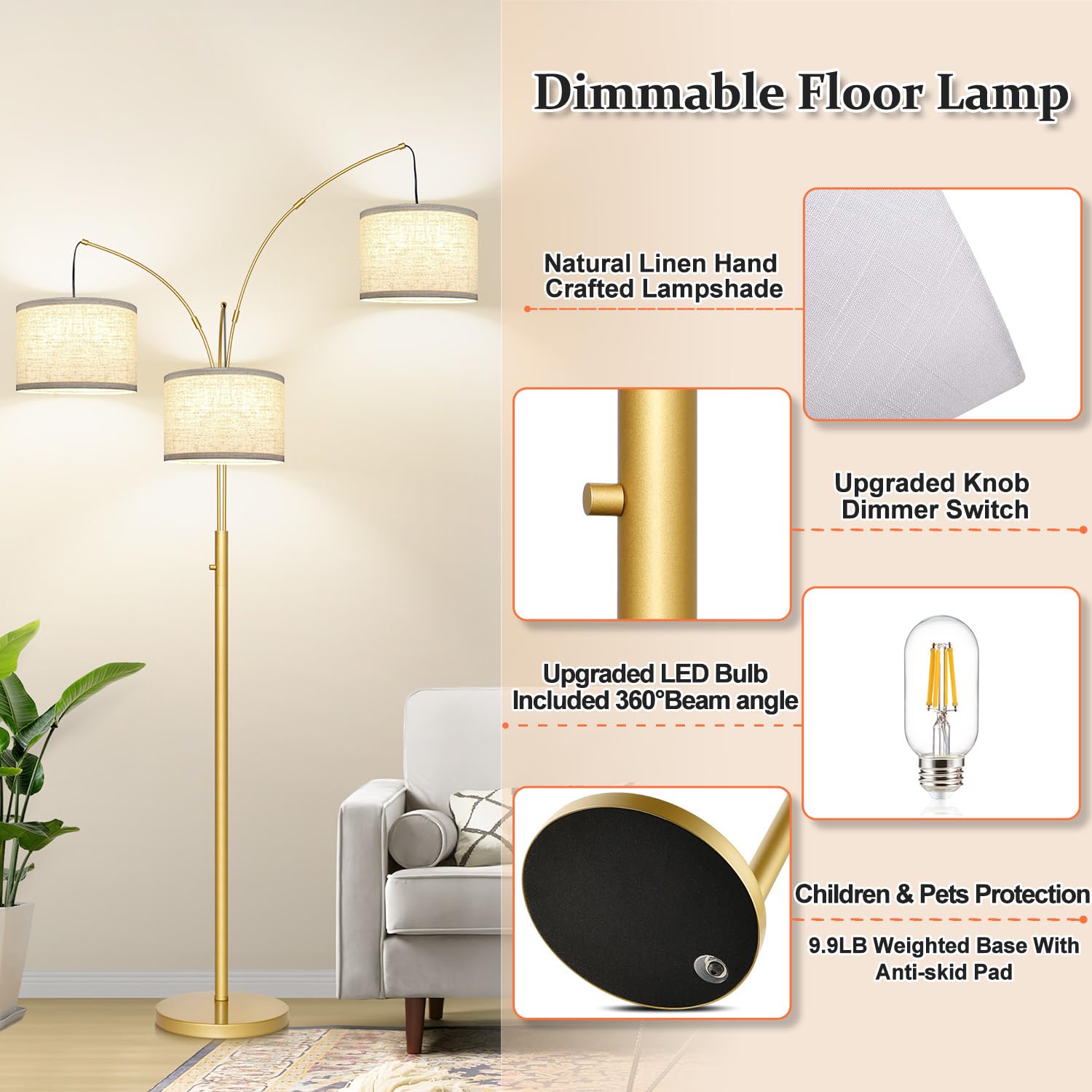 Nintiue Dimmable Gold Arc Floor Lamp - 3 Lights, Modern Design, White Shade, Heavy Base, Model F1378G