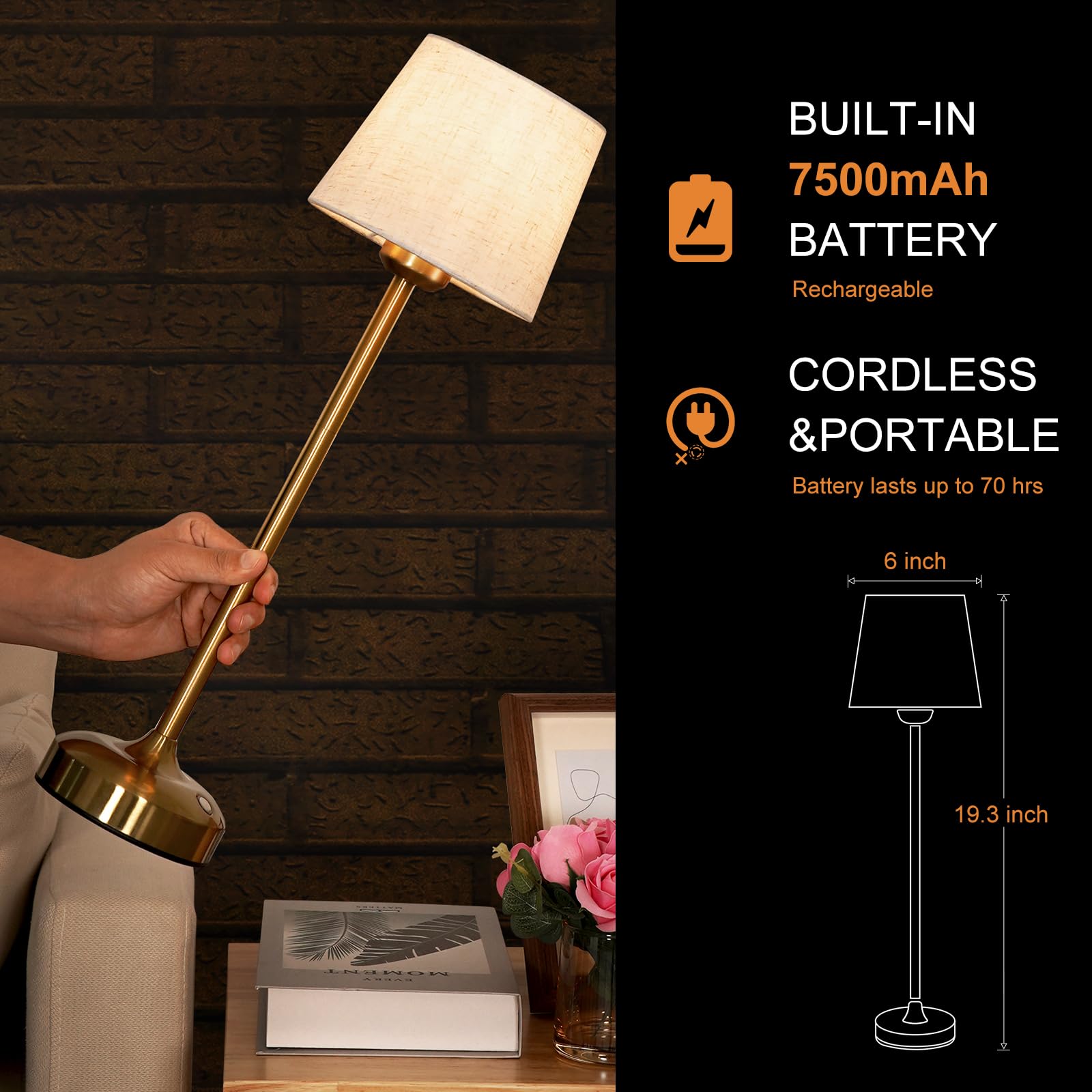 YAYZA! Cordless Table Lamp, Adjustable Height, 7500mAh Rechargeable LED, 3 Color Temperatures, High Gold, Model FWTL-001