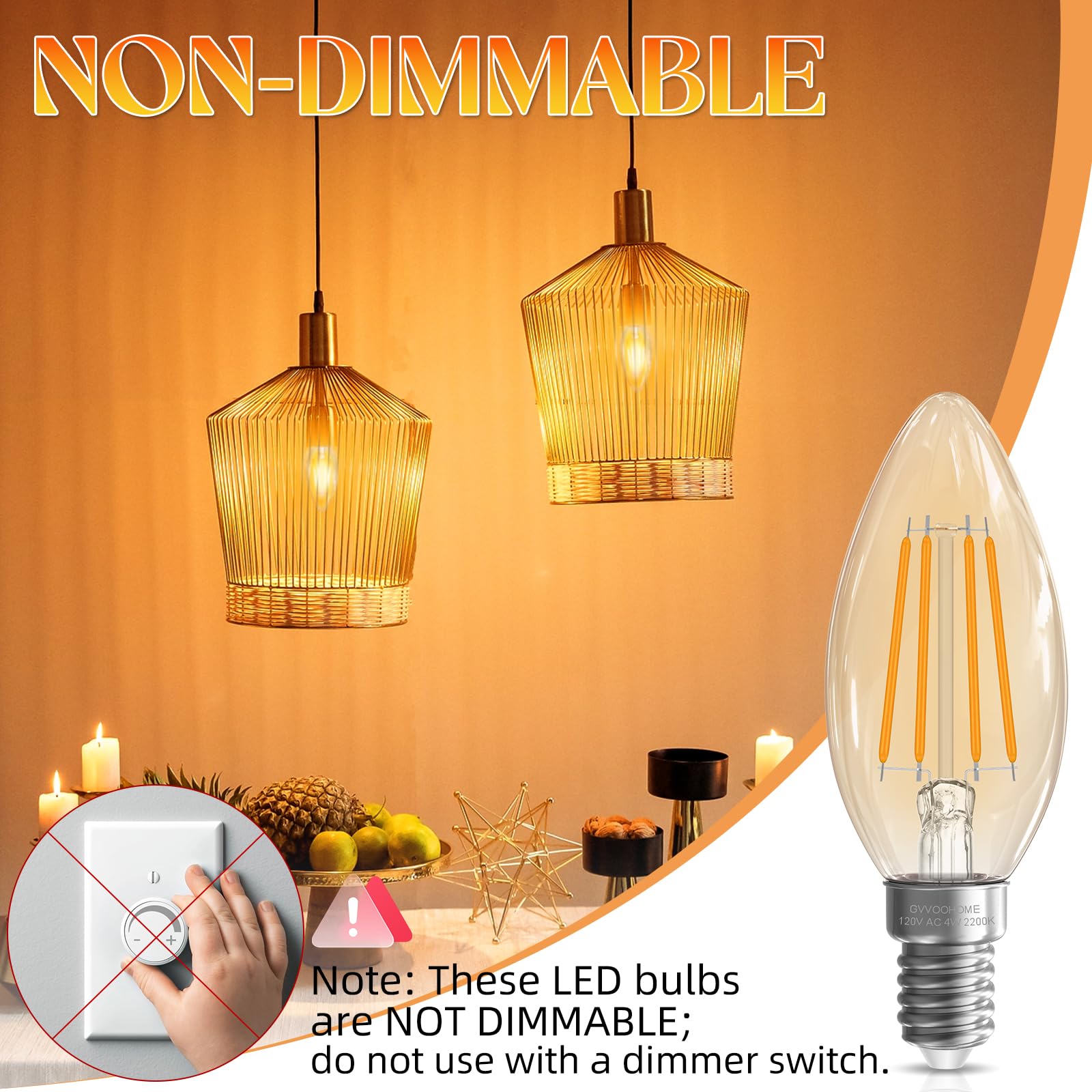 Gvvoohome Candelabra Light Bulbs 40 Watt, E12 Led Bulb Non-Dimmable B10 Led Candle Bulb, 2200K Amber Warm, Chandelier Light Bulb
