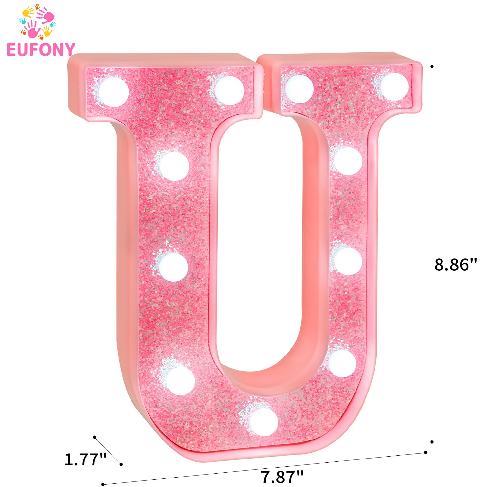 EUFONY Pink Glitter LED Marquee Light Up Letter U with Cool White Lights, Battery-Powered Alphabet Letter Sign for Girls Gift, B