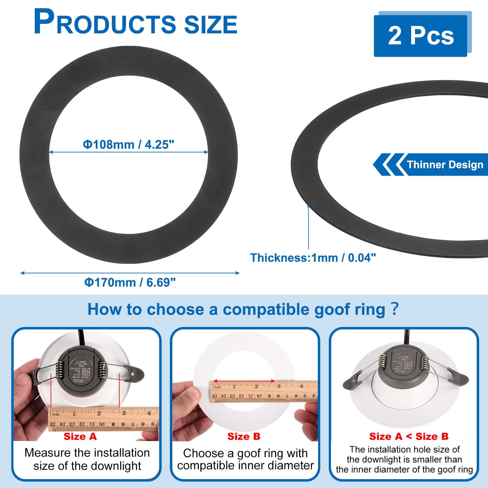 PATIKIL Metal Goof Trim Ring, 2 Pcs, 6.69in OD x 4.25in ID, Black Circular Ceiling Light Trim for Recessed Can Downlight