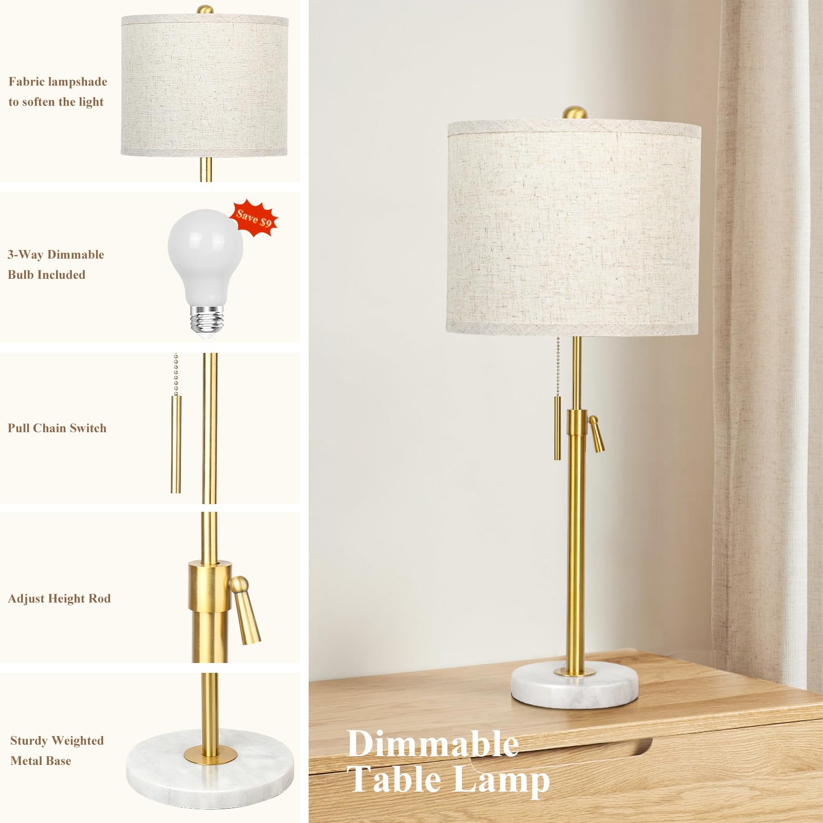 Table Lamp Set Of 2: 22'' To 30'' Height Adjustable Pull Chain Switch For Living Room Bedroom End Table, Marble Base Beige Linen