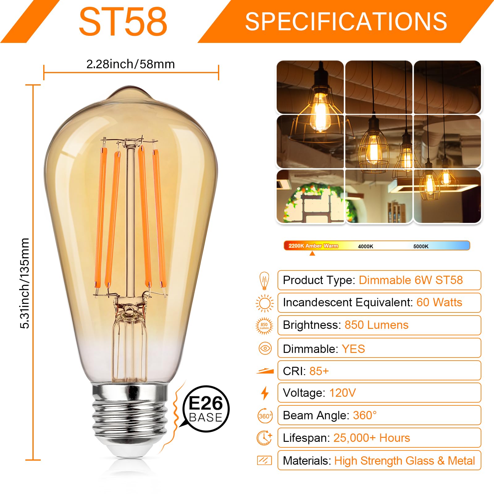 Maxvolador 12-Pack Dimmable Vintage Led Edison Bulb 60W Equivalent, 6W 850Lumens Amber Warm 2200K St58 Antique Filament Light Bu