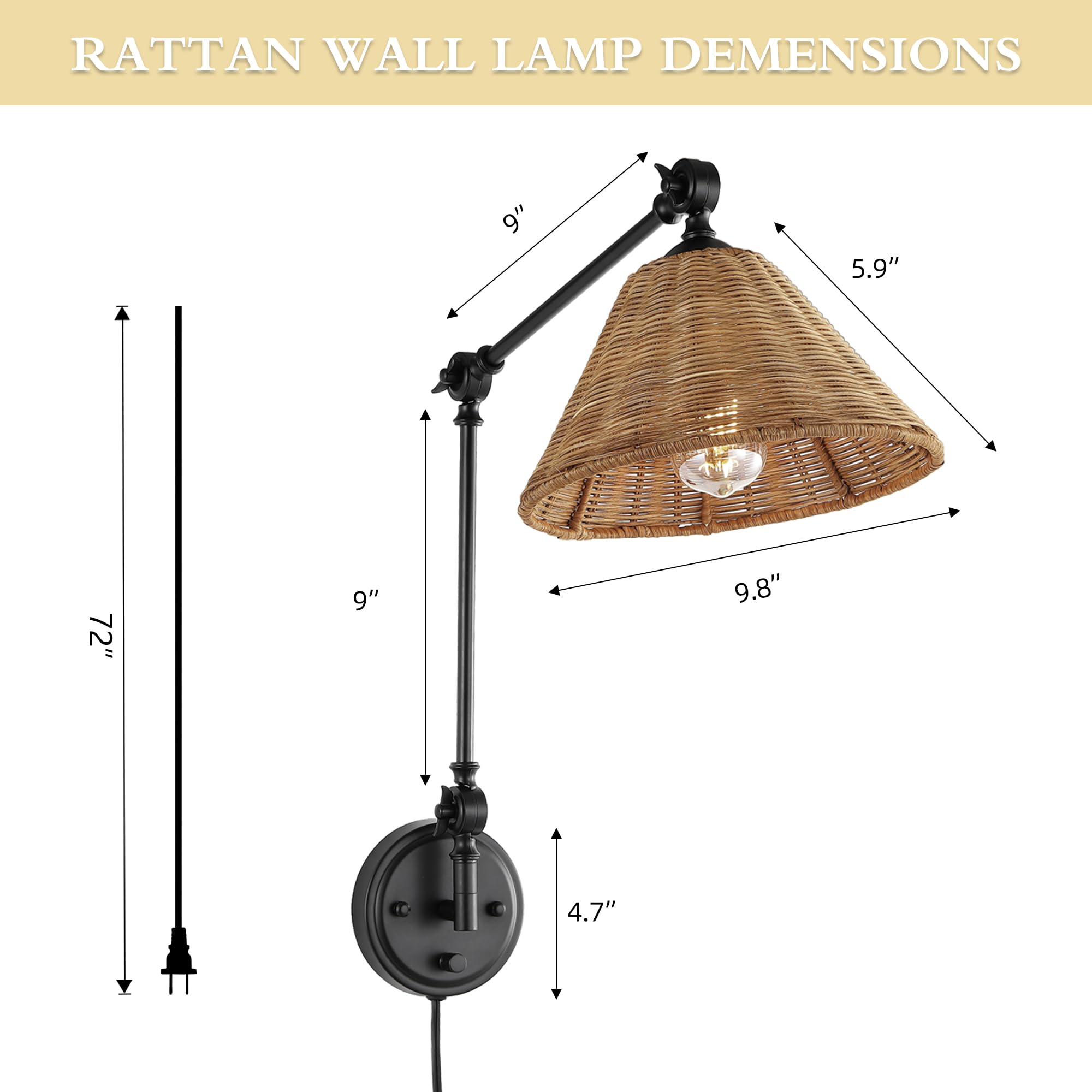Wingbo Rattan Wall Sconce, Adjustable Swing Arm Light Fixture, Vintage 2 Pack, Black