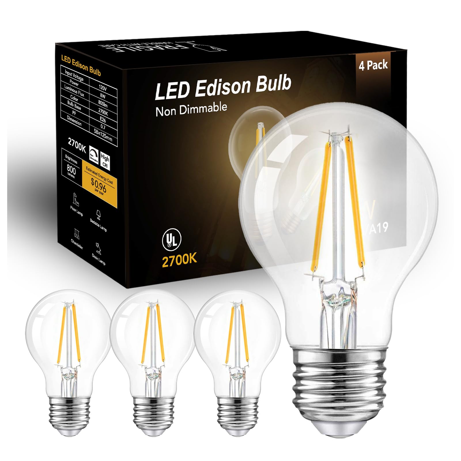 Dalattin A19 Vintage Led Edison Bulbs, 60W Equivalent Light Bulbs, 2700K Soft White, Clear Glass Filament Bulb, Efficient 8W, E2