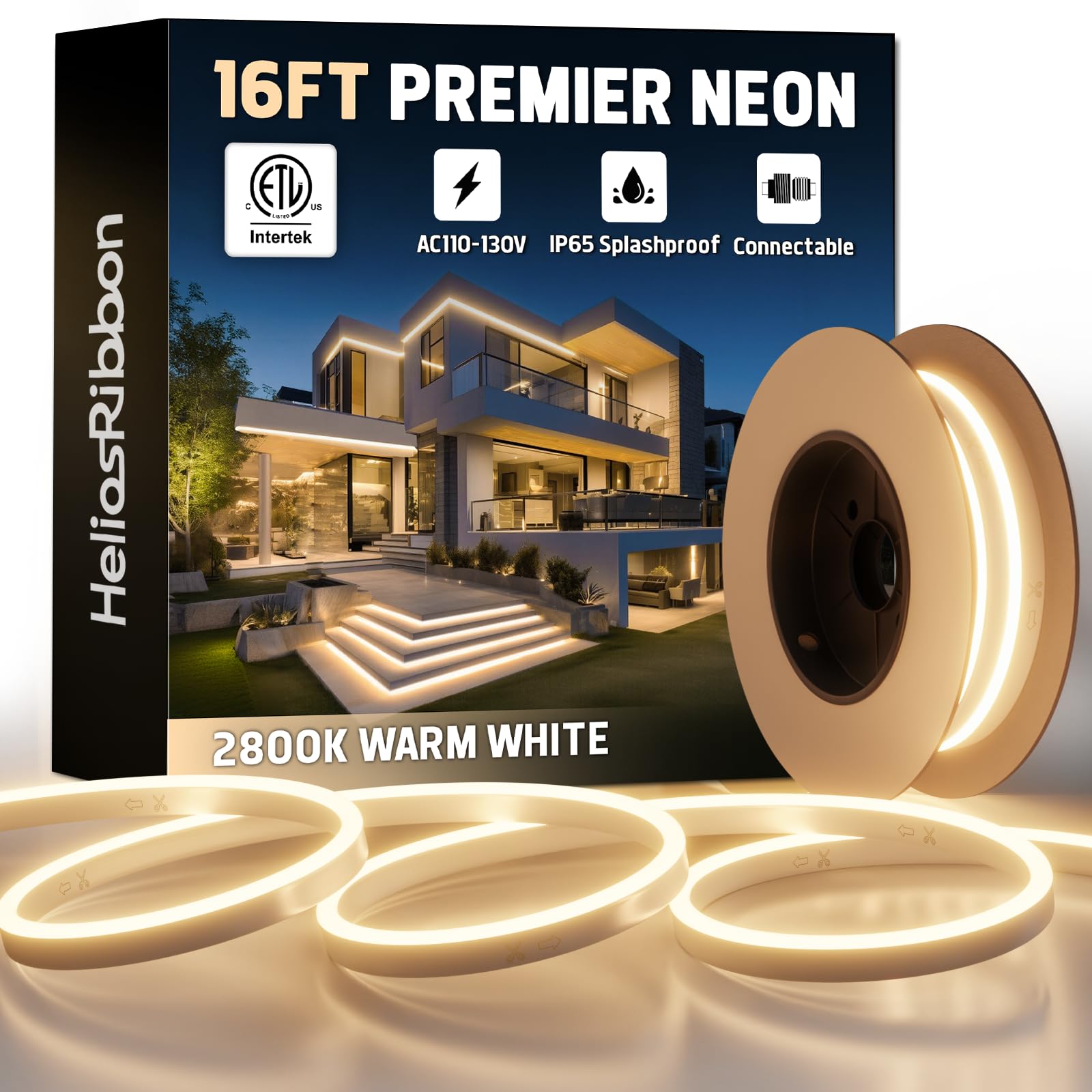 16FT LED Neon Rope Lights 2800K Warm White  ETL Listed 110-120V Outdoor Flexible Neon Band IP65 Waterproof  Connectable and Cuttable  for Home Commercial Contour Landscape Ambient Lighting Decor