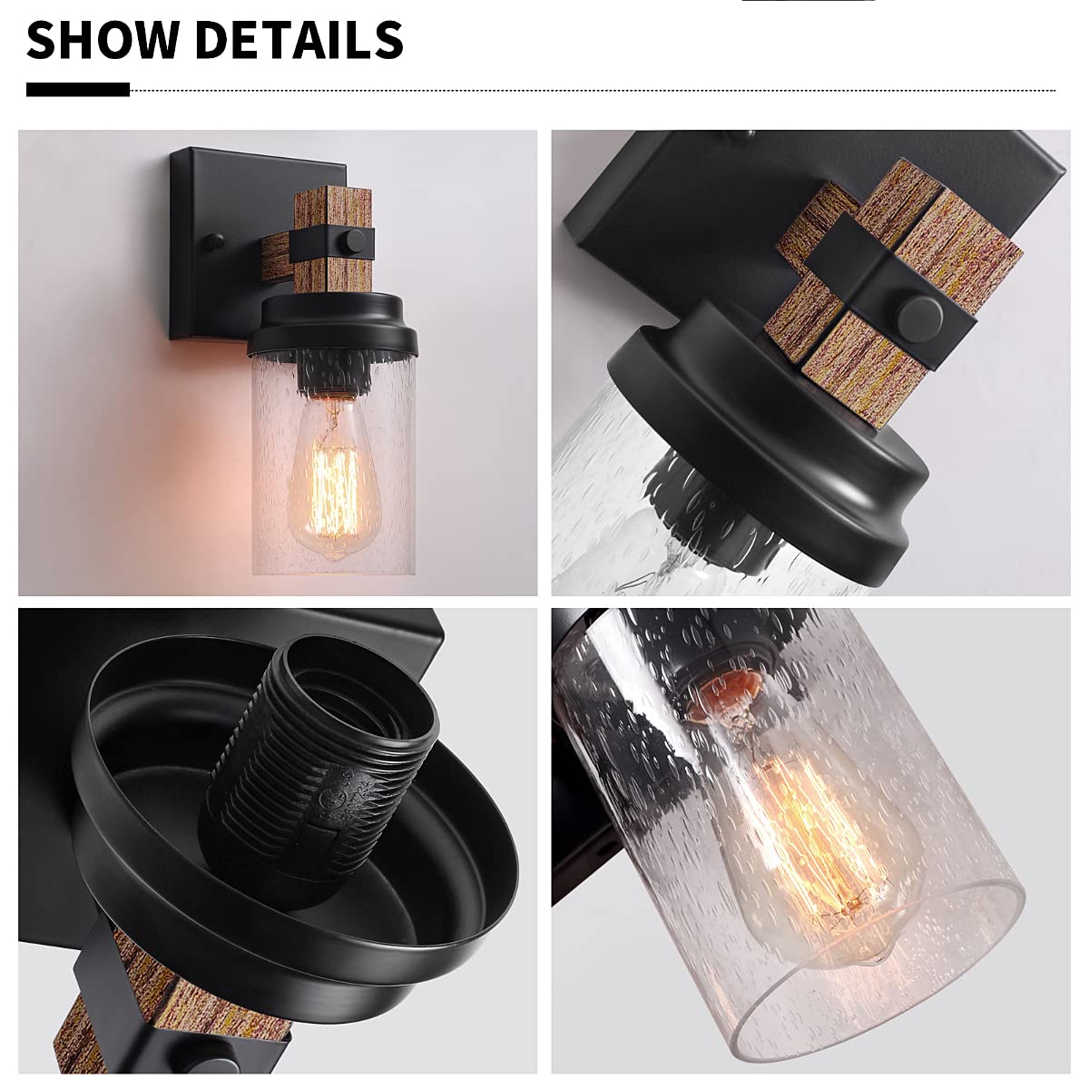 Zsmihdoh 1-Light Rustic Wall Sconce, Handmade Wood & Glass Fixture For Bathroom, Hallway, Bedroom