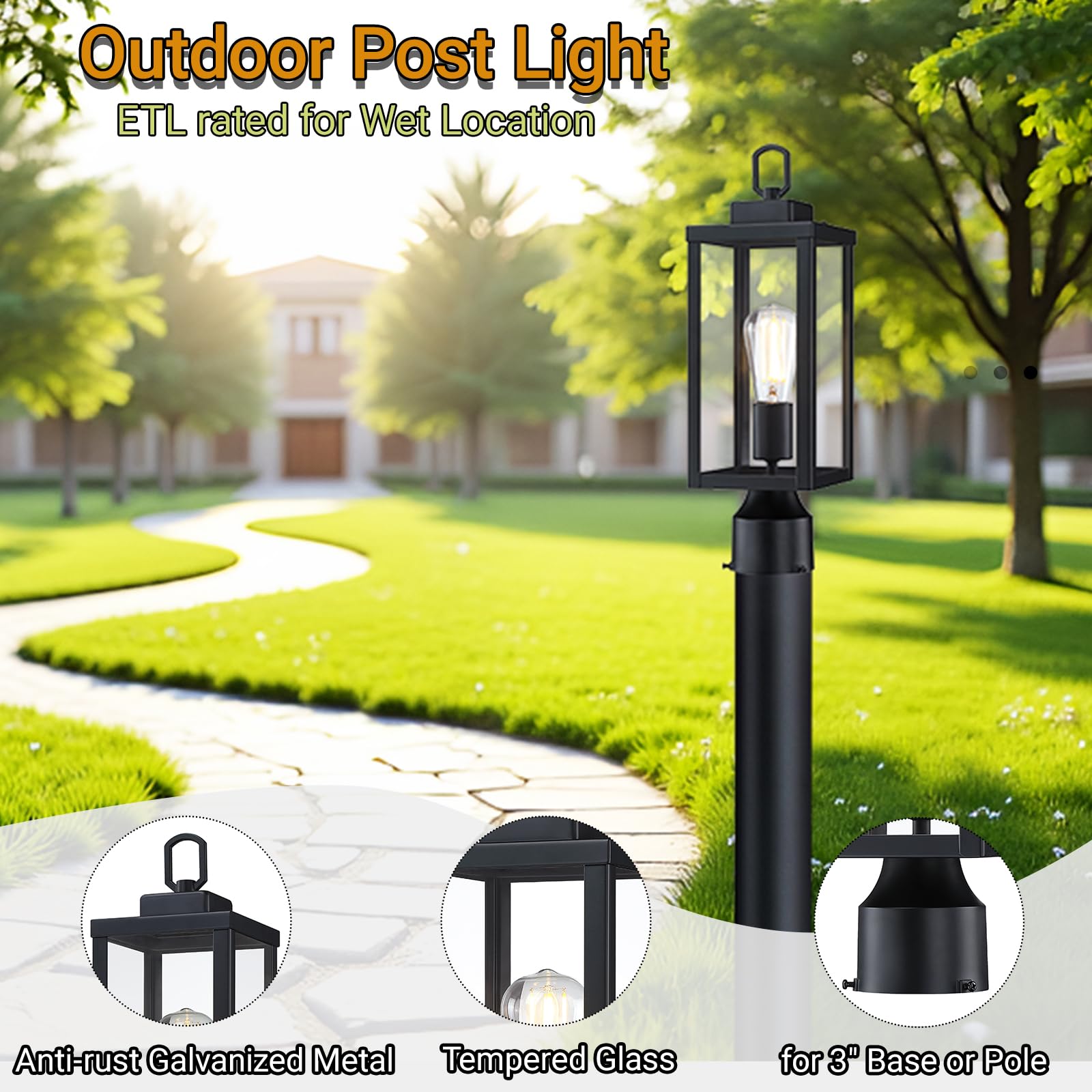 GRUENLICH Outdoor Post Lighting Fixture Pole Lantern, E26 Medium Base Max 60W, Metal Housing Plus Glass, Matte Black Finish, Bul