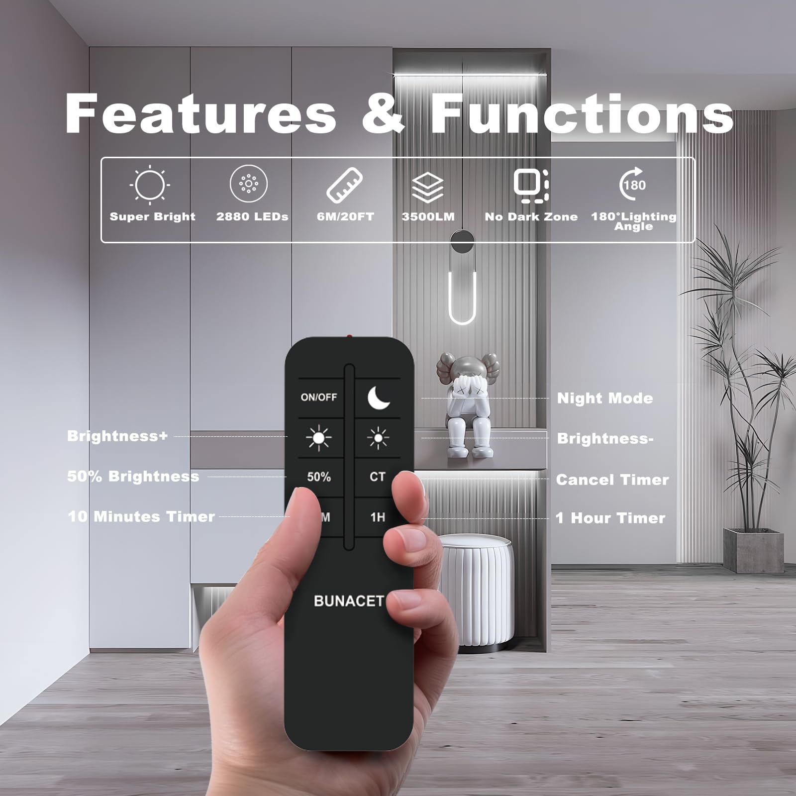 Bunacet Cob Led Strip Lights 5760Leds, 40Ft 6500K Dimmable Cool Light Bright Led Lights For Bedroom Counter Under Cabinet Kitche