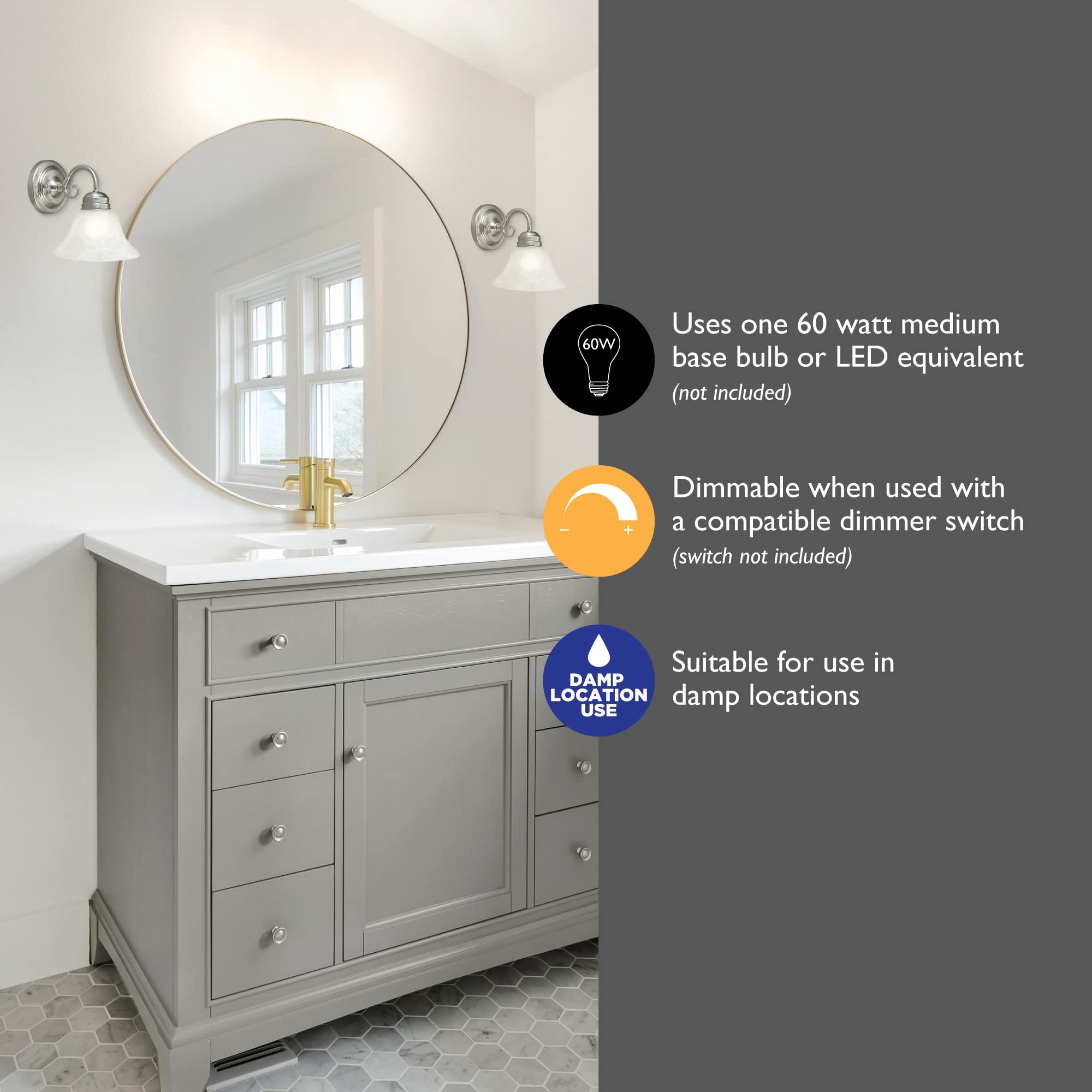 Design House 511618 Millbridge Wall Light Traditional 1-Light Indoor Dimmable Light With Alabaster Glass For Bathroom Hallway Fo