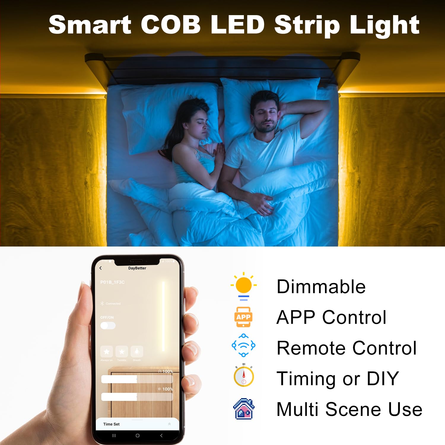 Daybetter Cob Led Strip Light, Warm White Led Light Strips With Remote And App, 16.4 Ft 3000K Dimmable Cob Light Strip, Indoor C