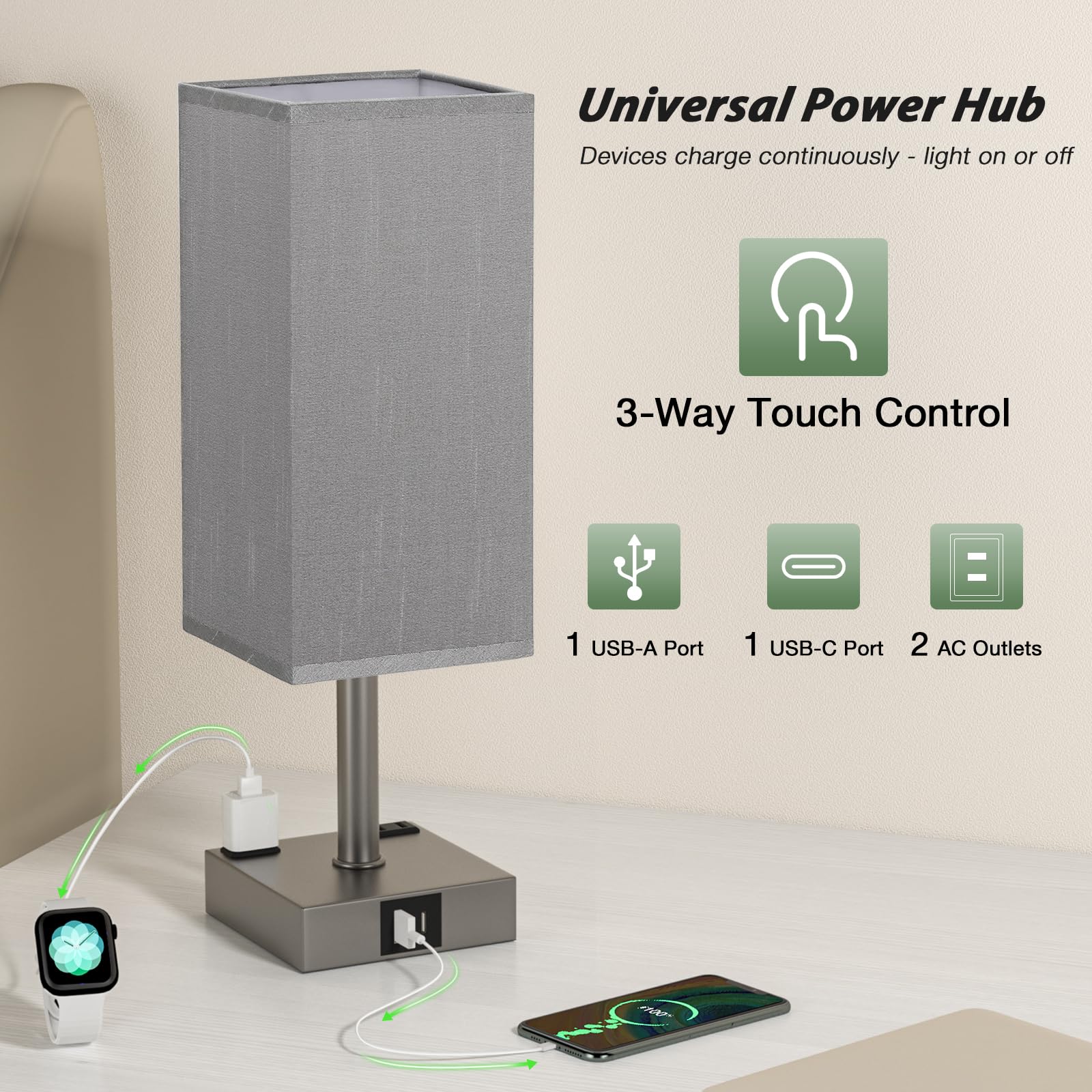 Aooshine Dark Grey Touch Lamps Set Of 2 - Nightstand Lamp With Usb-C + A Charge Ports & Ac Outlets, 3-Way Dimmable Bedside Lamp,