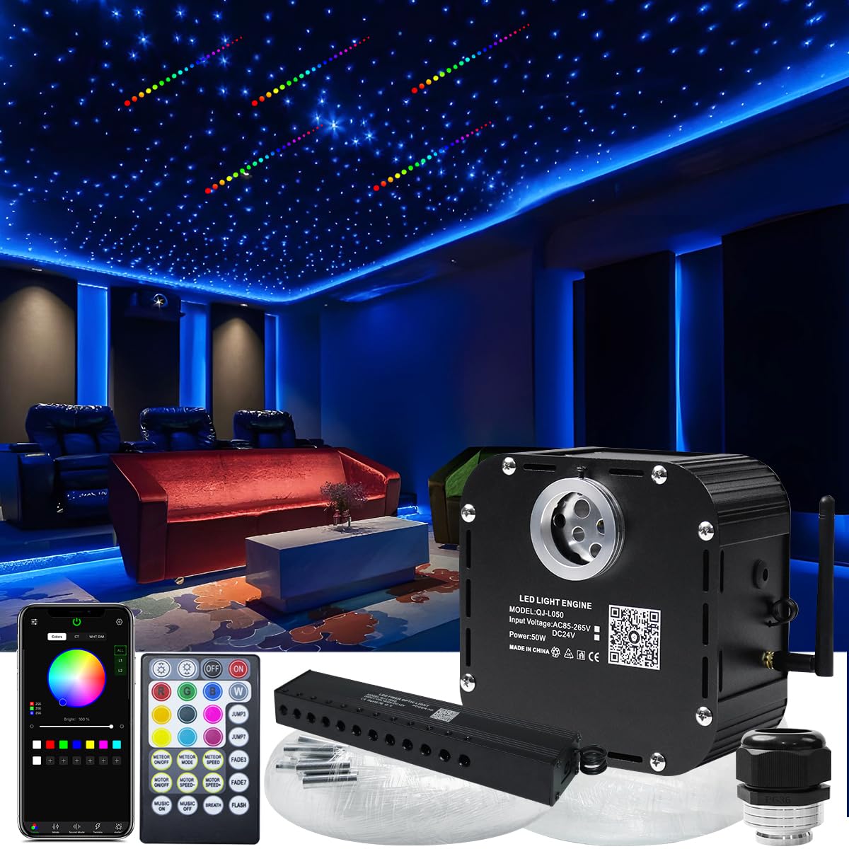 AZIMOM High Brightness 50W Twinkle Fiber Optic Starlight Kits1000pcs*0.03in*16.4ft Fiber Strands  RGB Meteor Shooting Star Sound Activated APP/Remote Control Theater Ceiling Home Shop Roof Decor