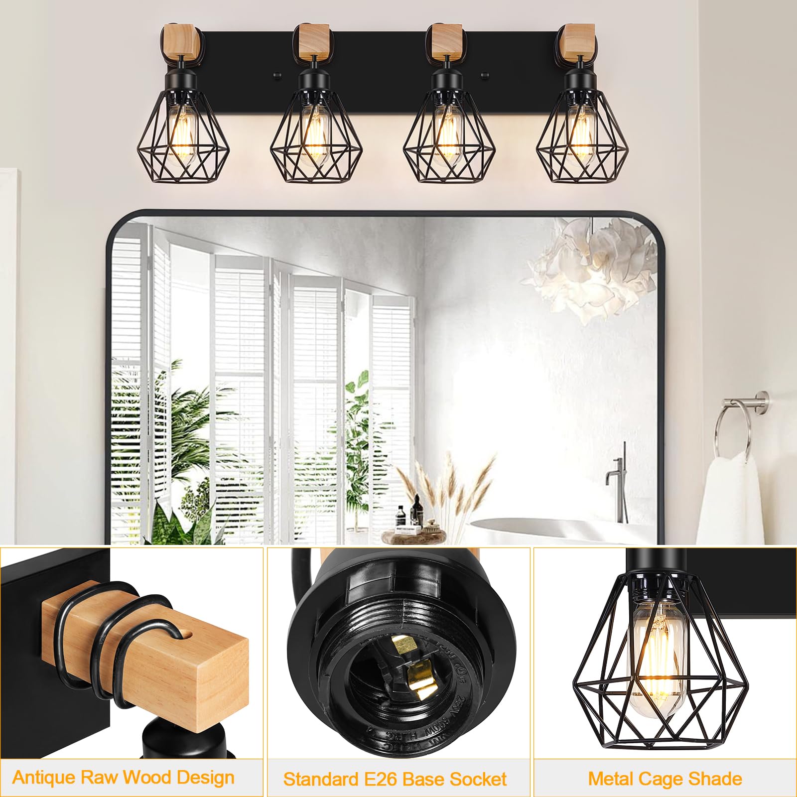 FadimiKoo 4-Light Bathroom Light Fixture, Rustic Wood & Black Metal, Model FBD-04, Over Mirror Sconce for Living Room, Bedroom, Hallway