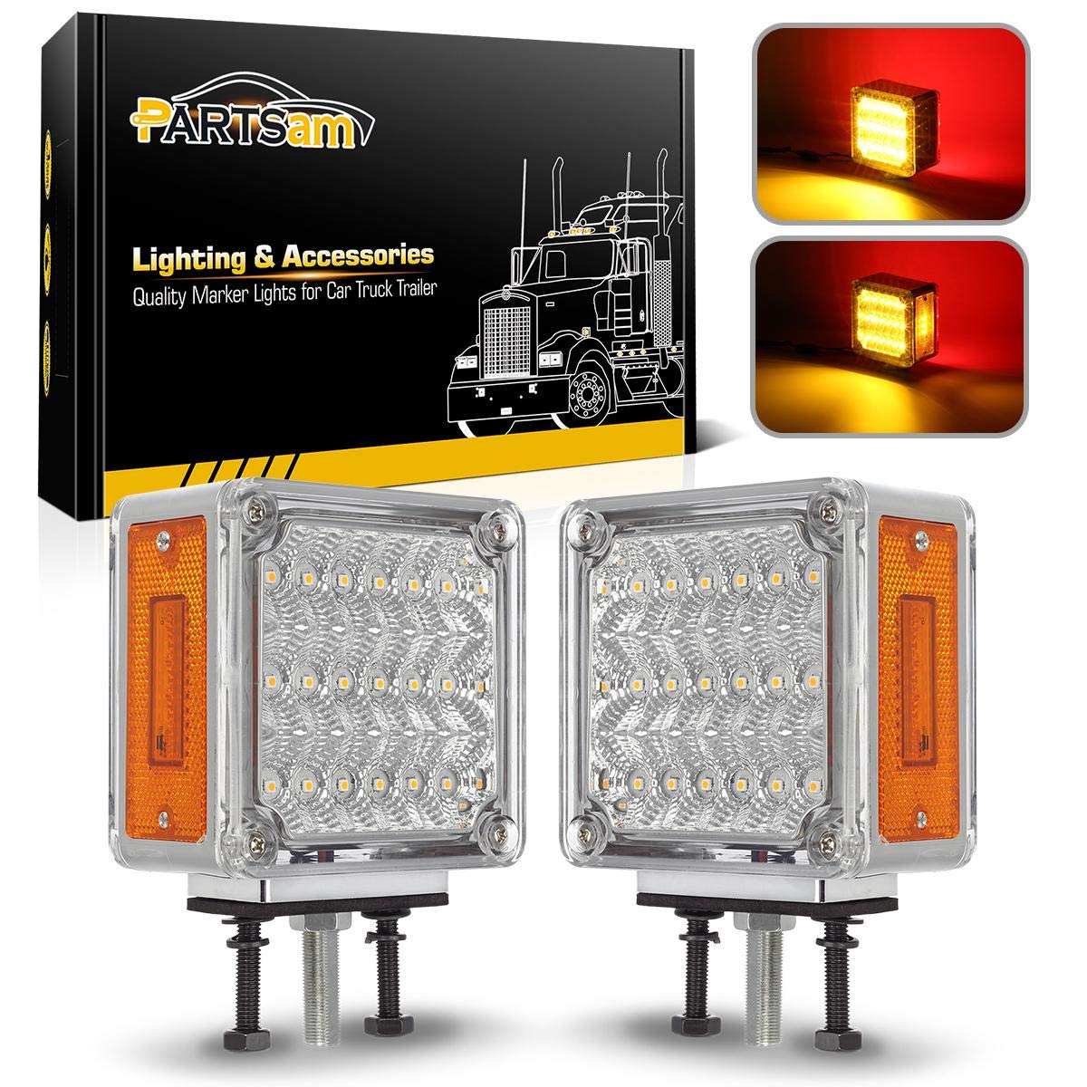 Partsam 2X Square Double Face Led Pedestal Light Cab Fender Turn Signal Light For Truck Towing Trailer,Dual Face Led Stop Turn T