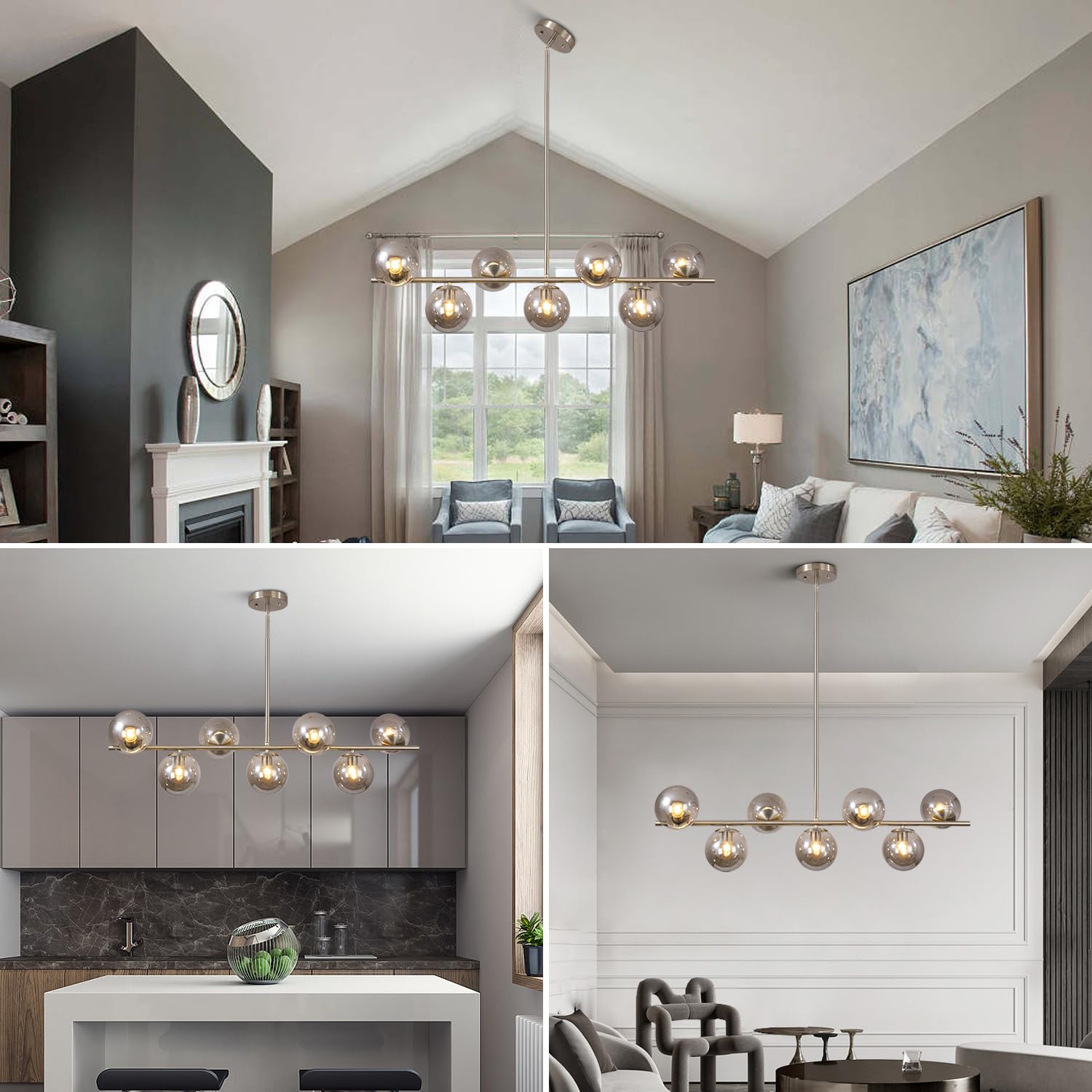 KCO Mid Century Modern 7-Light Chandelier Brushed Nickel Smoke Gray Glass Globe Adjustable Model L1043-SG